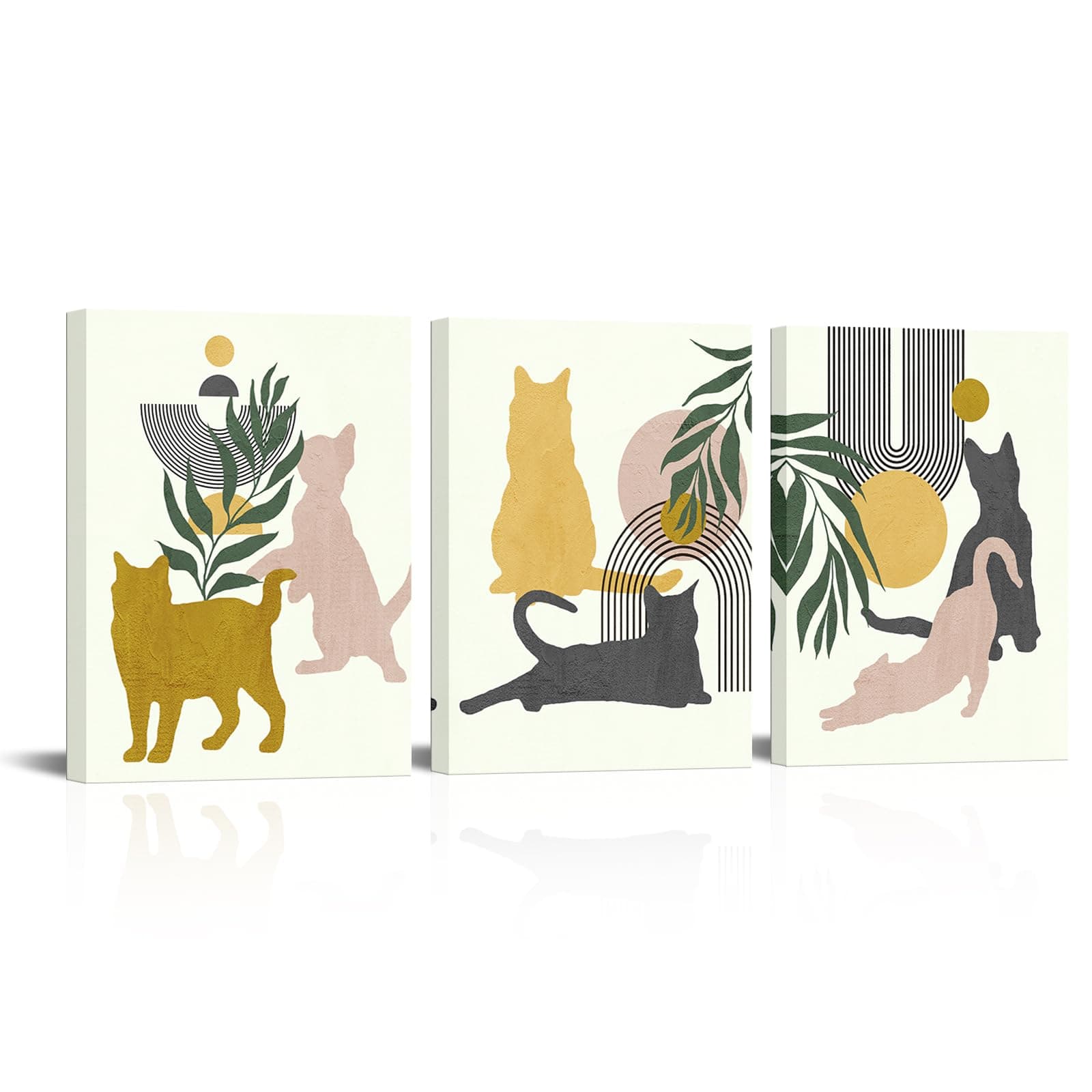 Apicoture Minimalist Boho Wall Art Mid Century Wall Art Cat Canvas Prints Picture Decor Framed Art Set Of 3 (002)