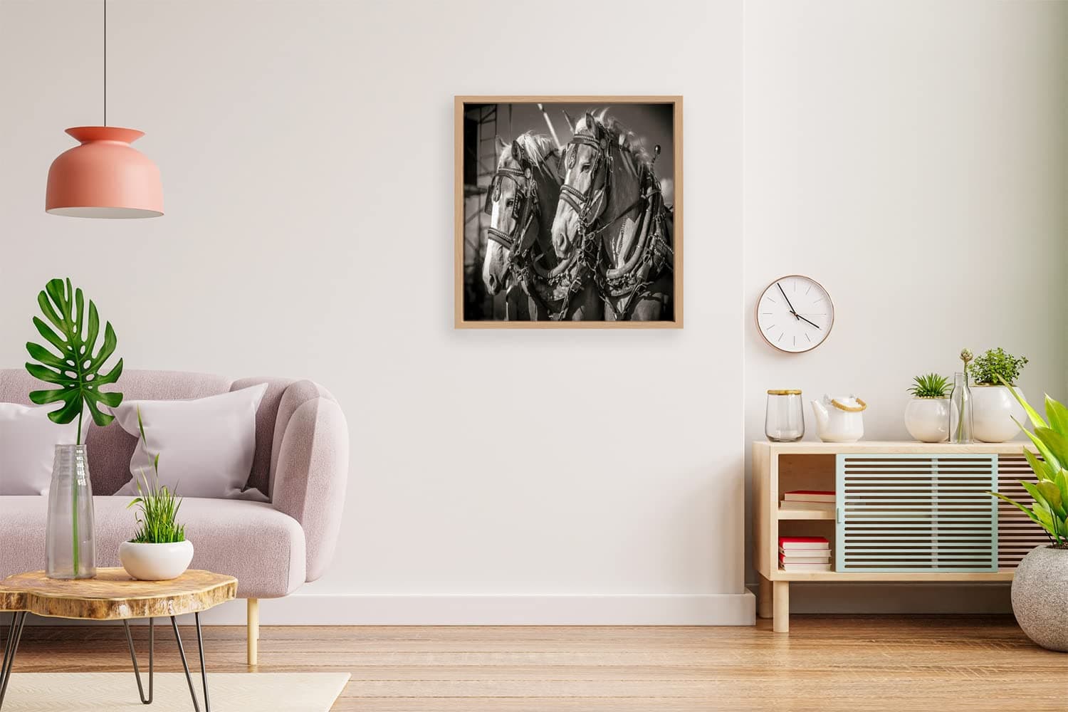 VERRE ART Wooden Floater Framed Canvas - Wall Decor for Living Room, Bedroom, Office, Hotels, Drawing Room (14in X14in) - Draft Horses B&W