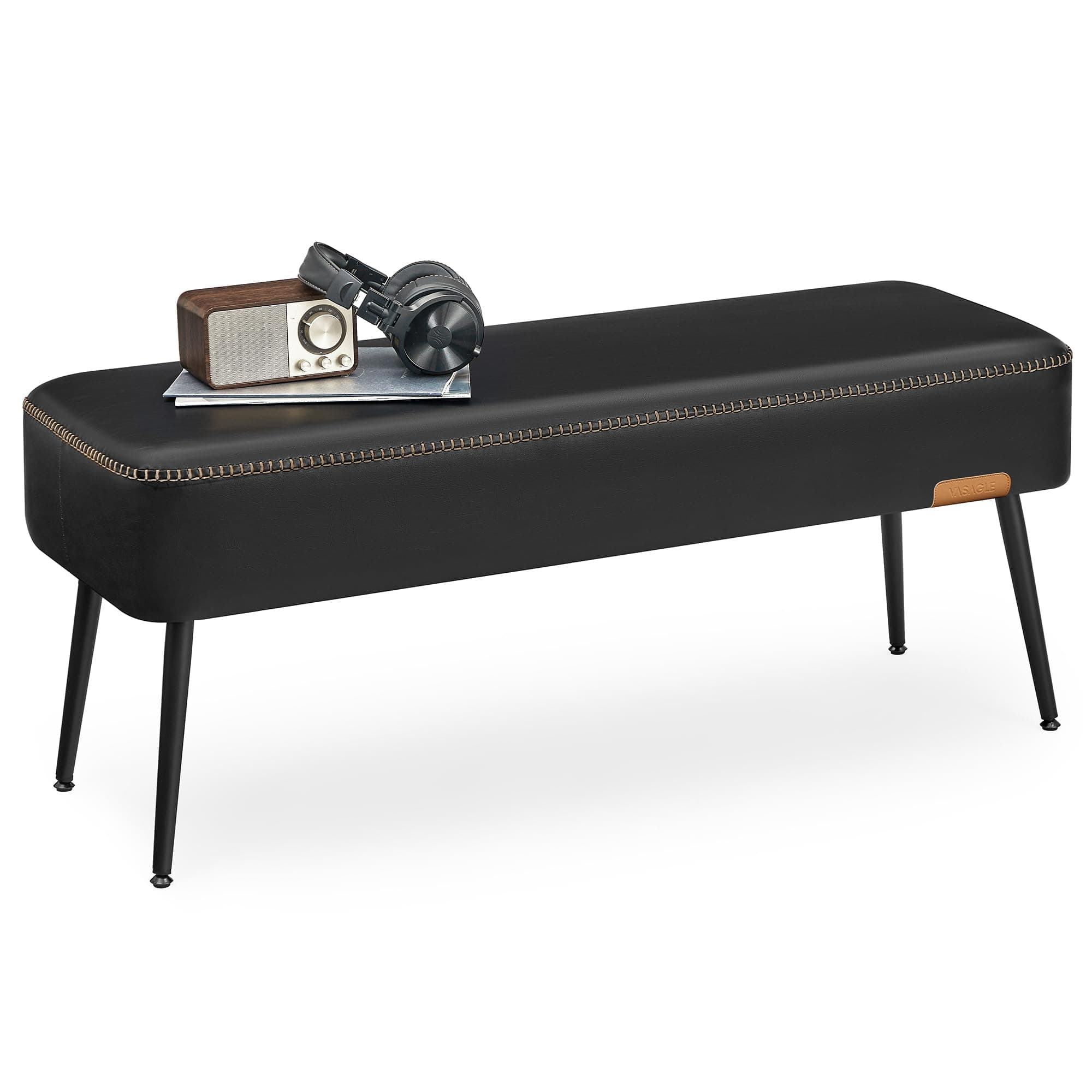 VASAGLE EKHO Collection - Bench for Entryway Bedroom, Synthetic Leather with Stitching, Ottoman Bench with Steel Legs, Living Dining Room, Mid-Century Modern, Loads 660 lb, Ink Black ULOM076B01