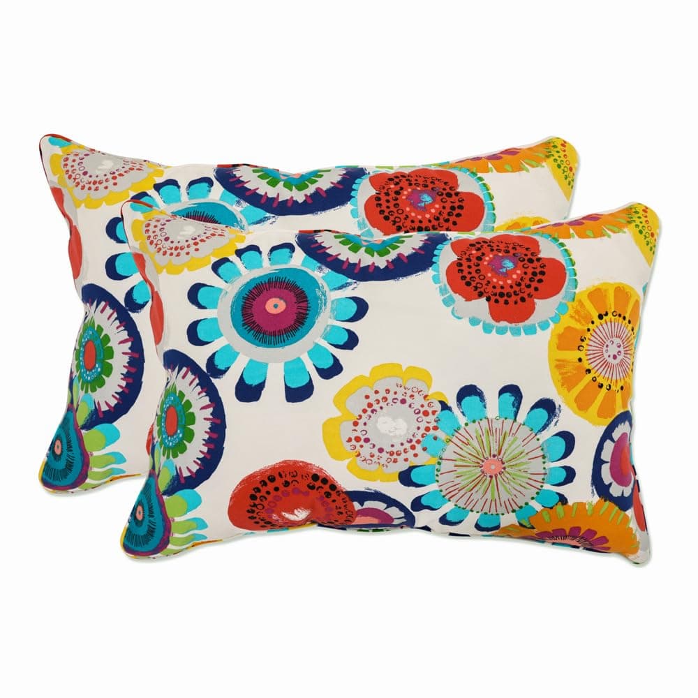 Bright Floral Indoor/Outdoor Throw Pillows, 2 Count, Lumbar - 16.5" x 24.5", Blue/Ivory Crosby