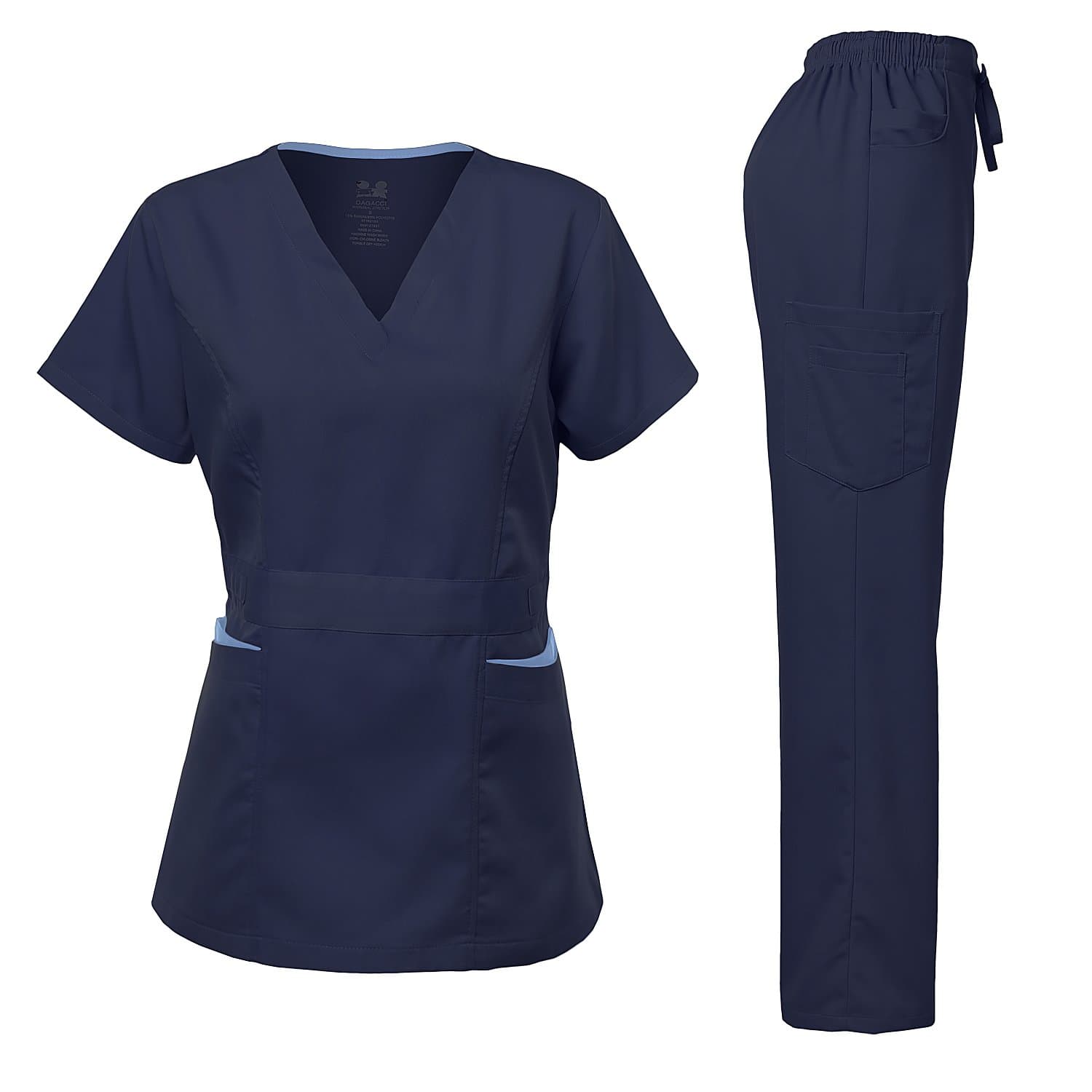 Dagacci Medical Uniform Women's Scrubs Set Stretch Ultra Soft Contrast Pocket, Navy, XS