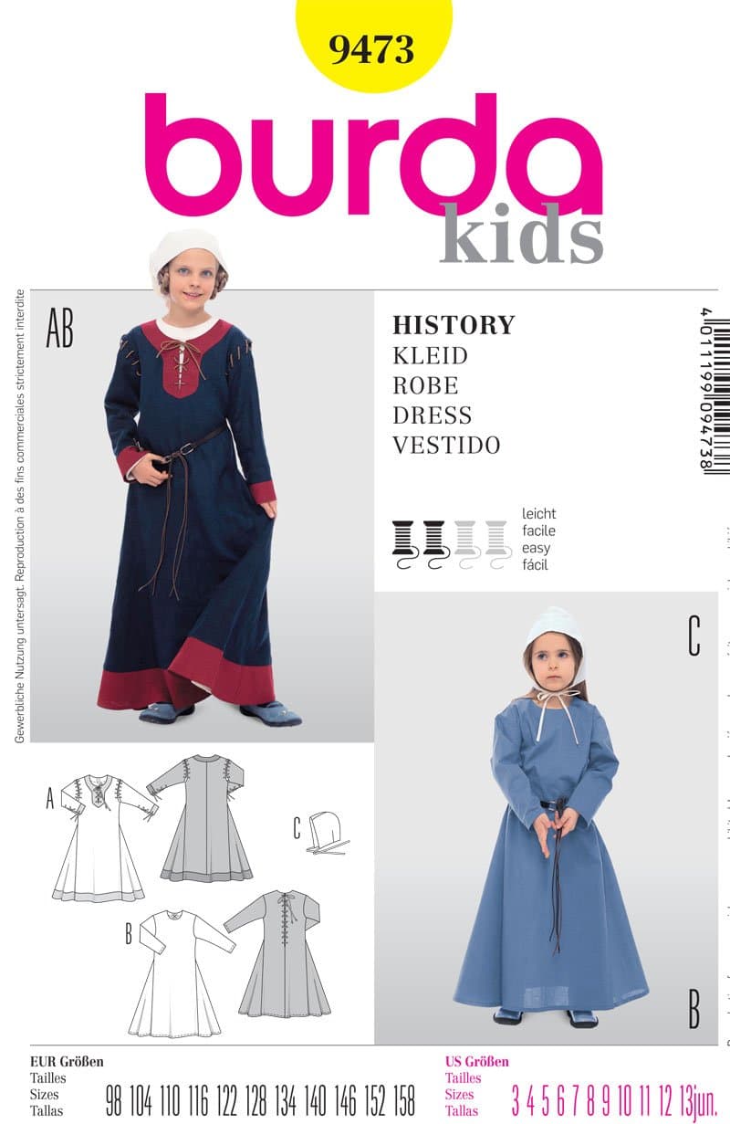 BURDA 9473 GIRL'S HISTORICAL LONG DRESS (SIZE 3-13jun,) SEWING PATTERN