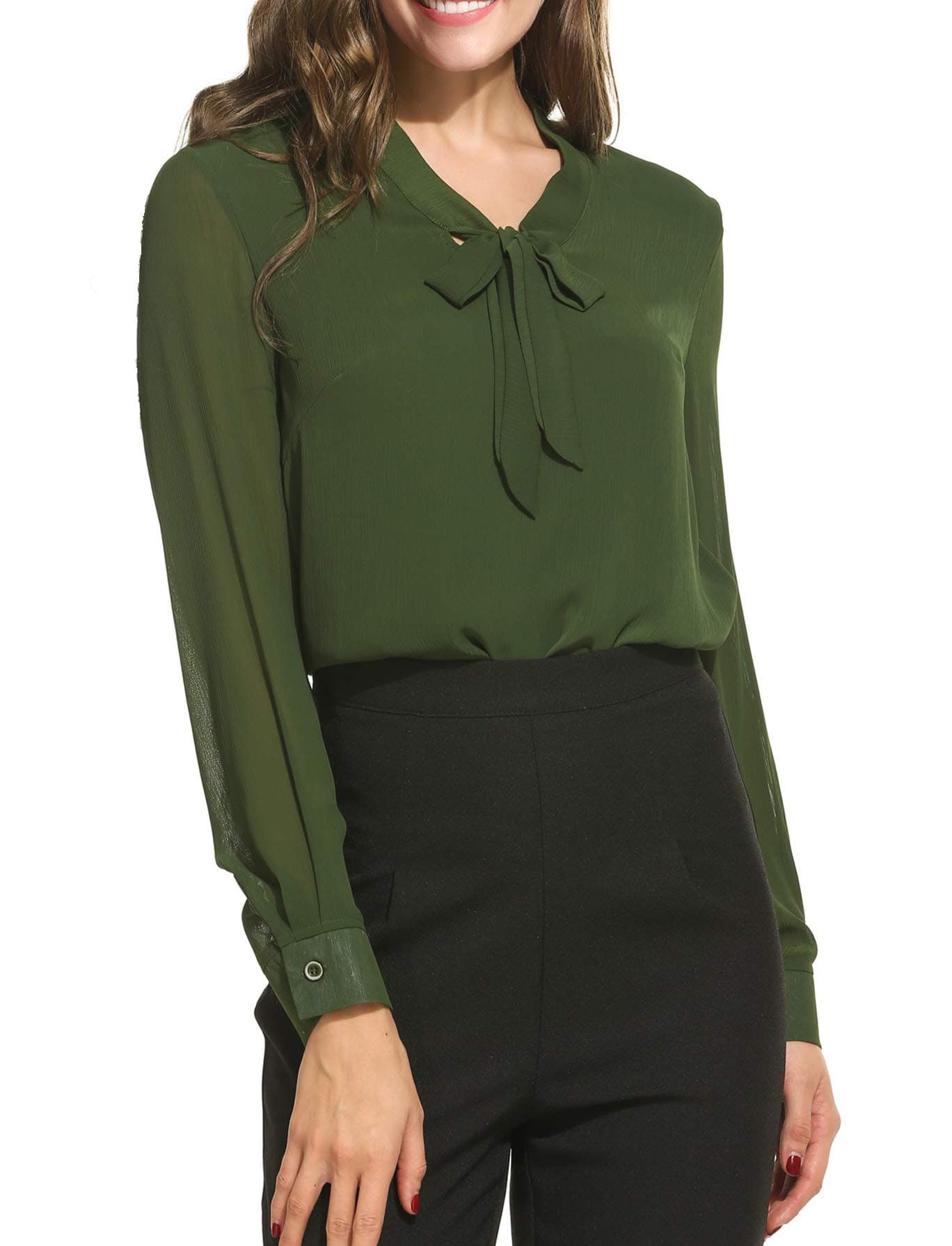 modase Women's Chiffon Casual Shirt Long Sleeve Loose Cuffed Blouse Green/S