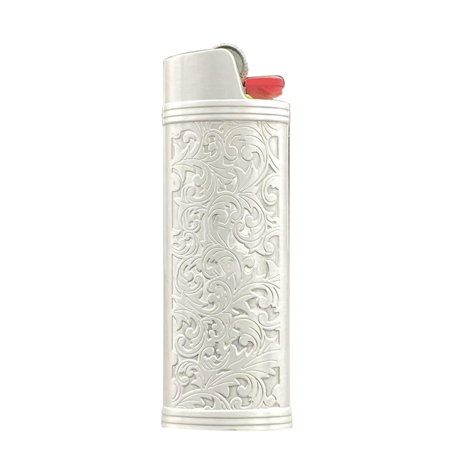 Metal Lighter Case Cover Holder Vintage Floral Stamped for BIC Full Size Lighter J6 (White Gold)