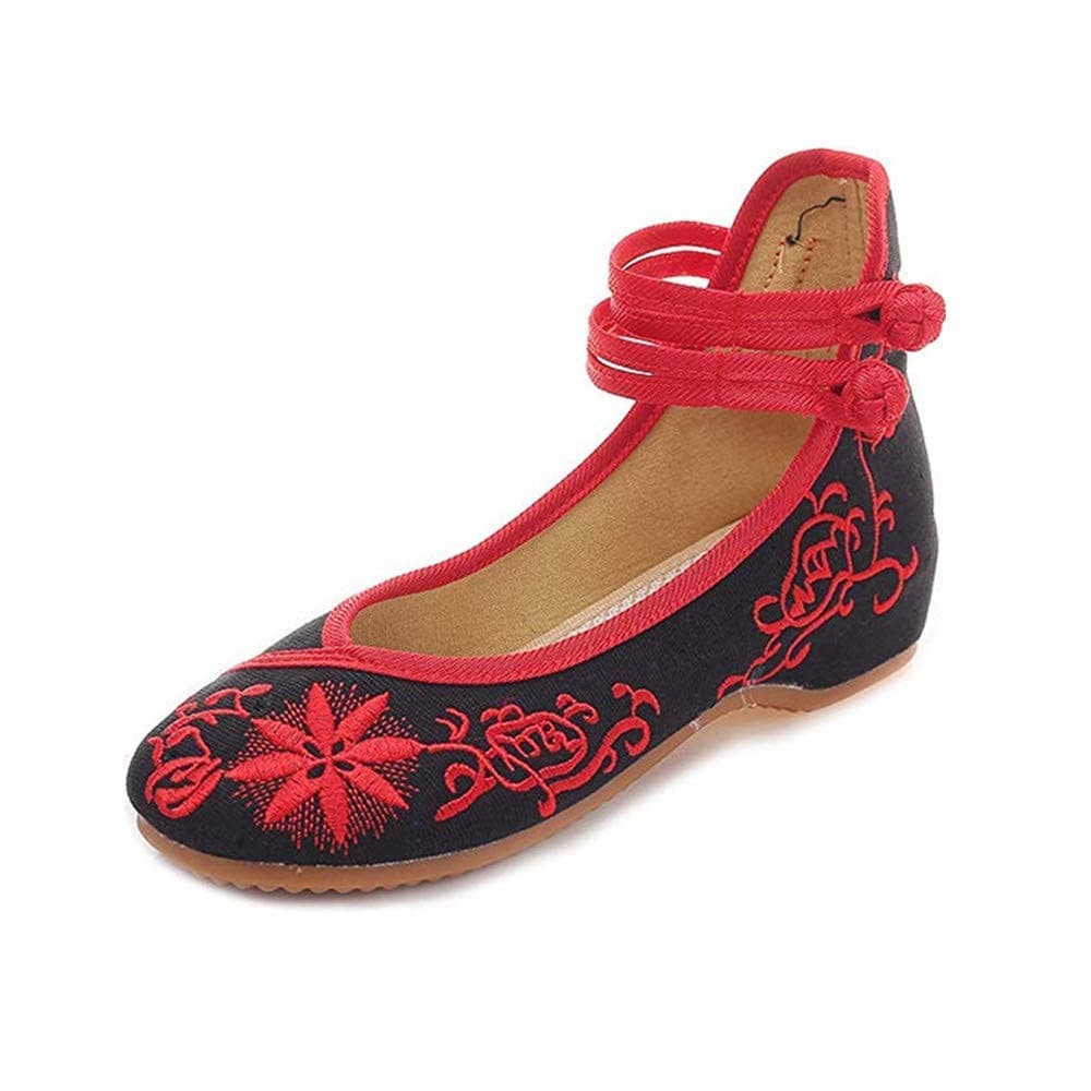 BININBOX Women's Casual Flat Chinese Embroidered Floral Mary Jane Ballet Shoes
