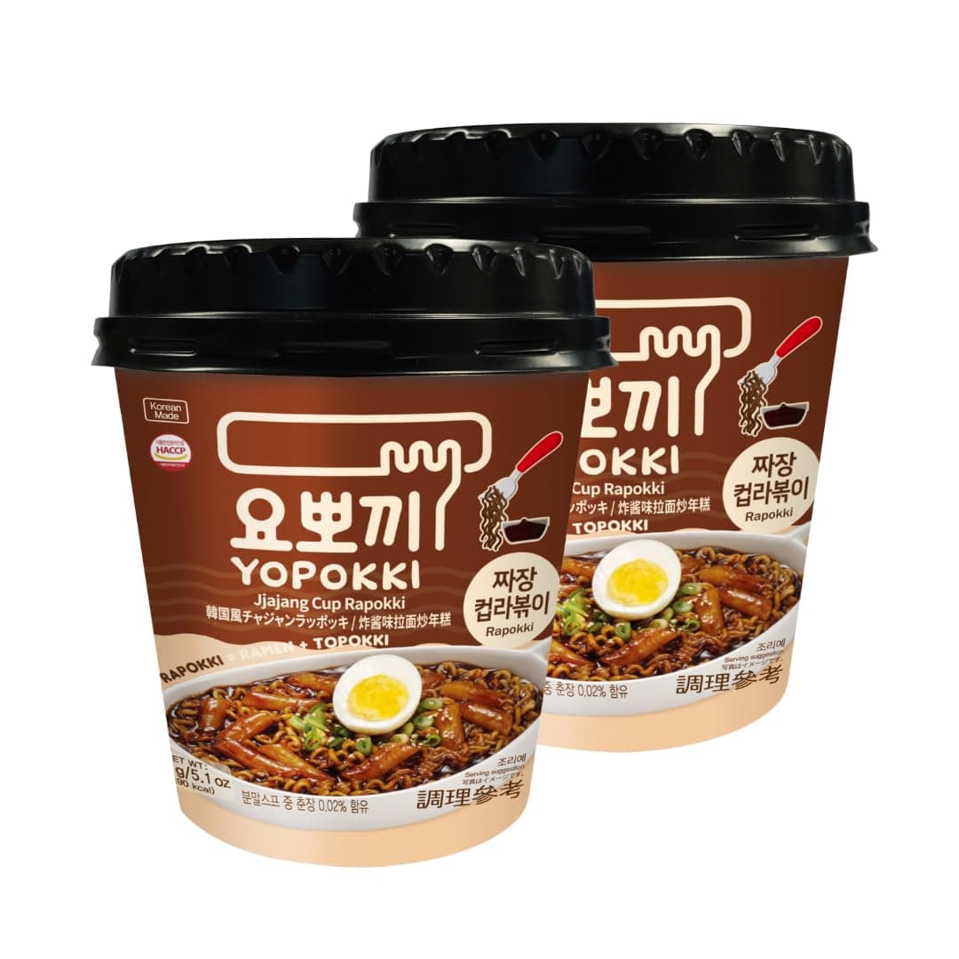 Yopokki Instant Rabokki Cup – Korean Tteokbokki Rice Cakes with Ramen Noodles, Quick & Easy Korean Street Food, Asian Snacks for College Dorms (Jjajang, 2 Cups)