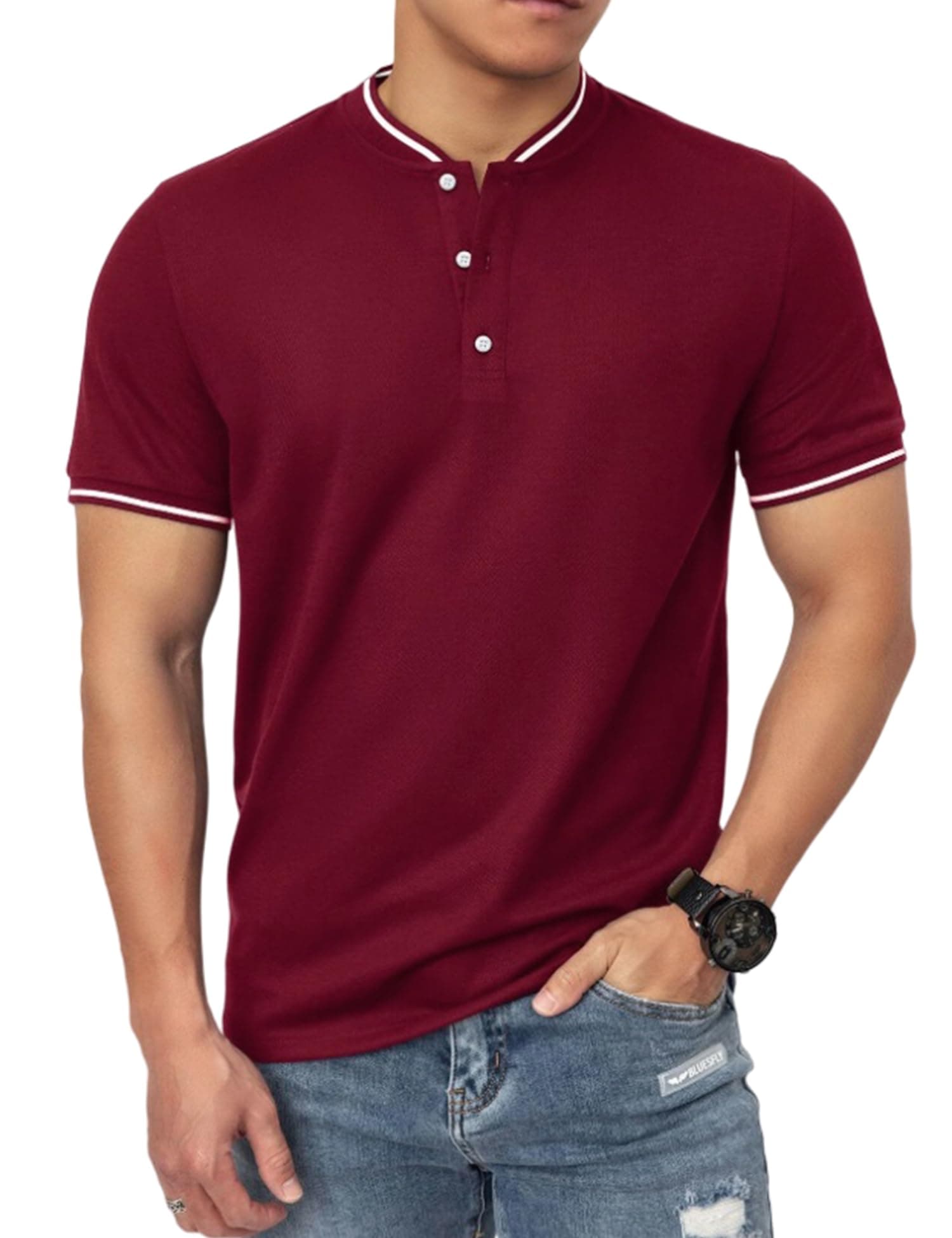 OYOZONEMen's Polo Shirts Casual Short Sleeve Cotton Pique Polo T Shirts Classic Collarless Golf Shirts for Men