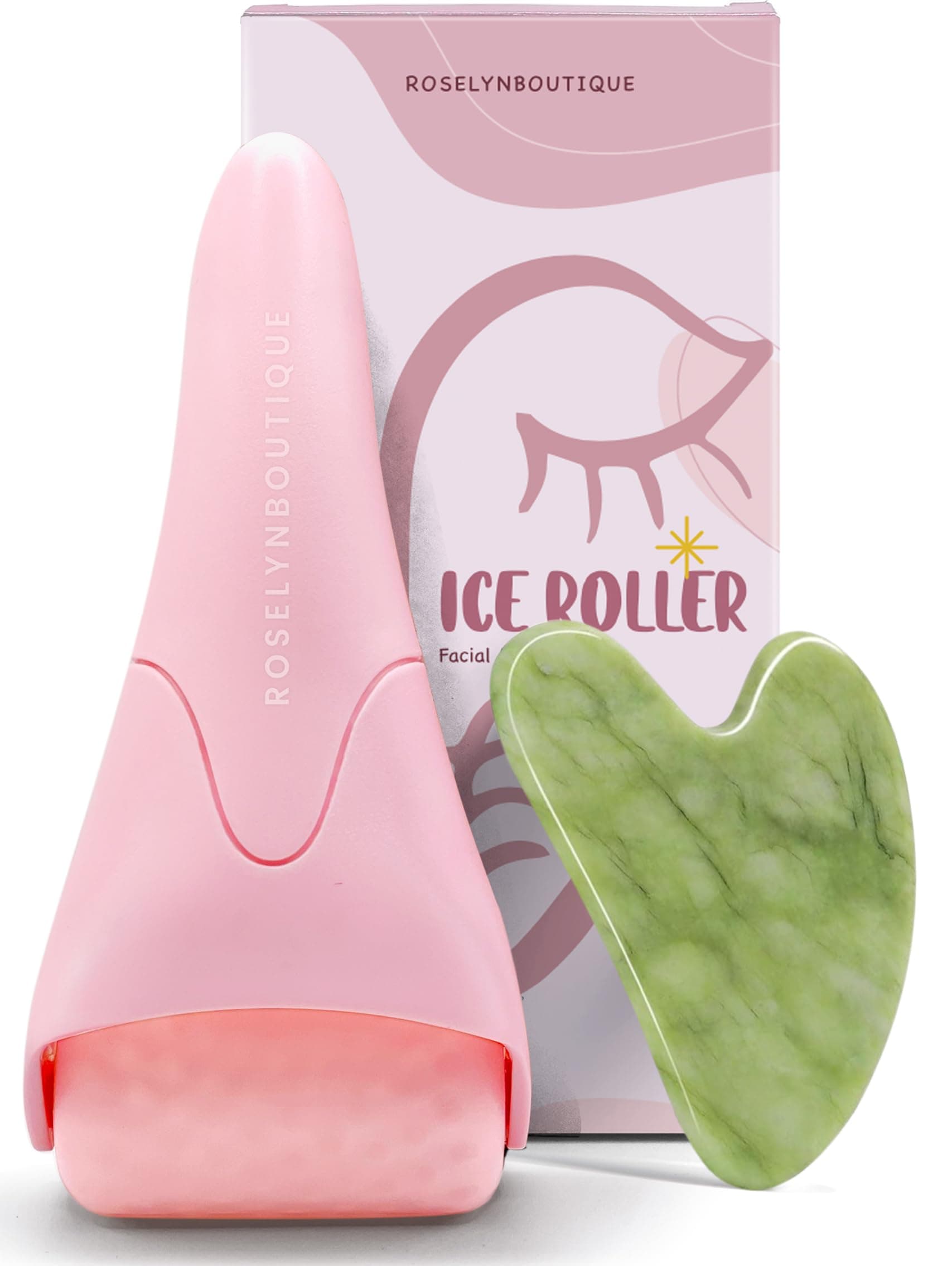 ROSELYNBOUTIQUE Ice Roller for Face & Gua Sha Facial Tools - Wrinkles Fine Lines Puffiness Massager Facial Skin Care Guasha Tools Self Care Gifts for Men Women (Pink)