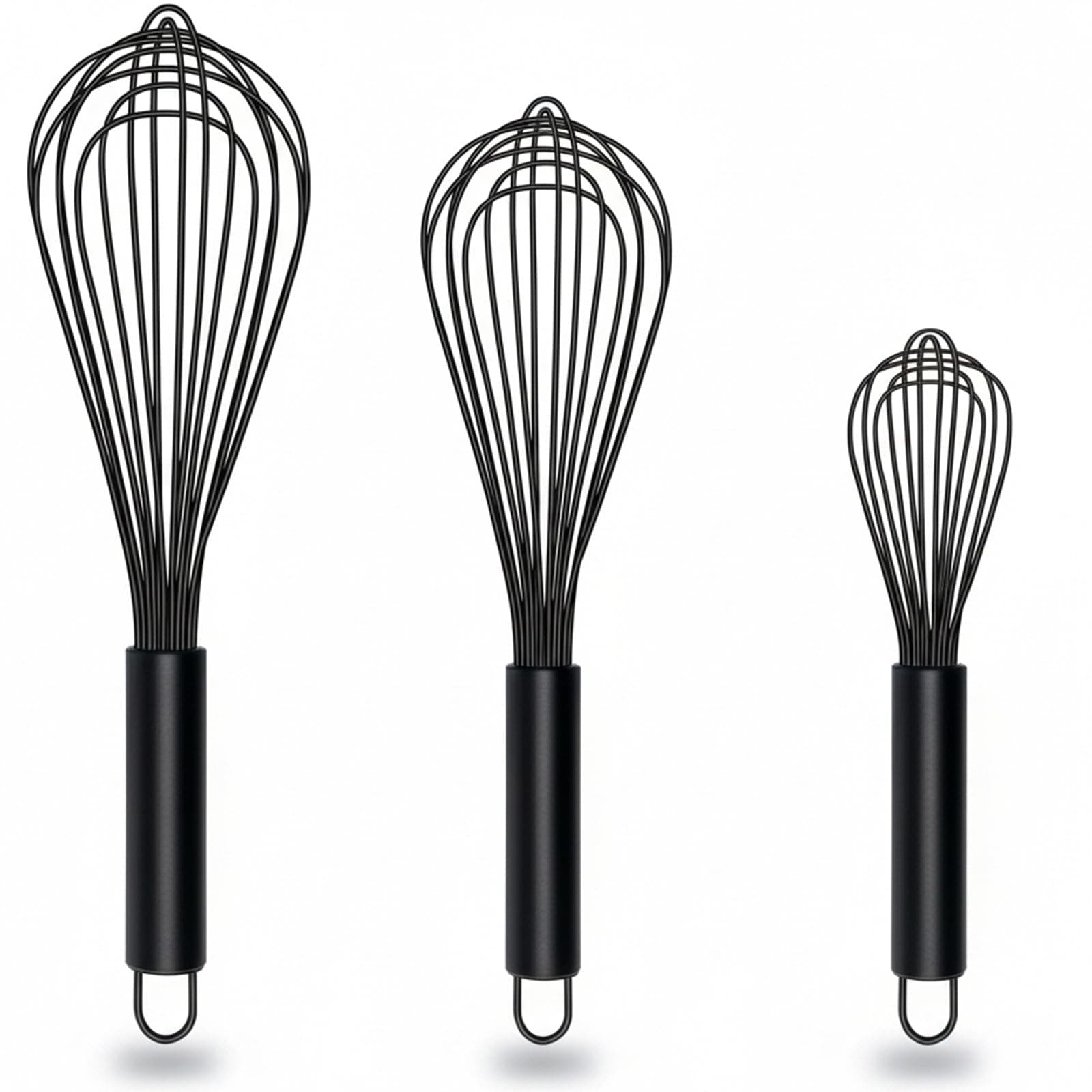 TEEVEA Silicone Whisk Set of 3 Non Scratch Non Stick Silicone Coated Stainless Steel Wire Whisks Heat Resistant 480°F Kitchen Wisk for Cooking Blending Whisking Tool Black