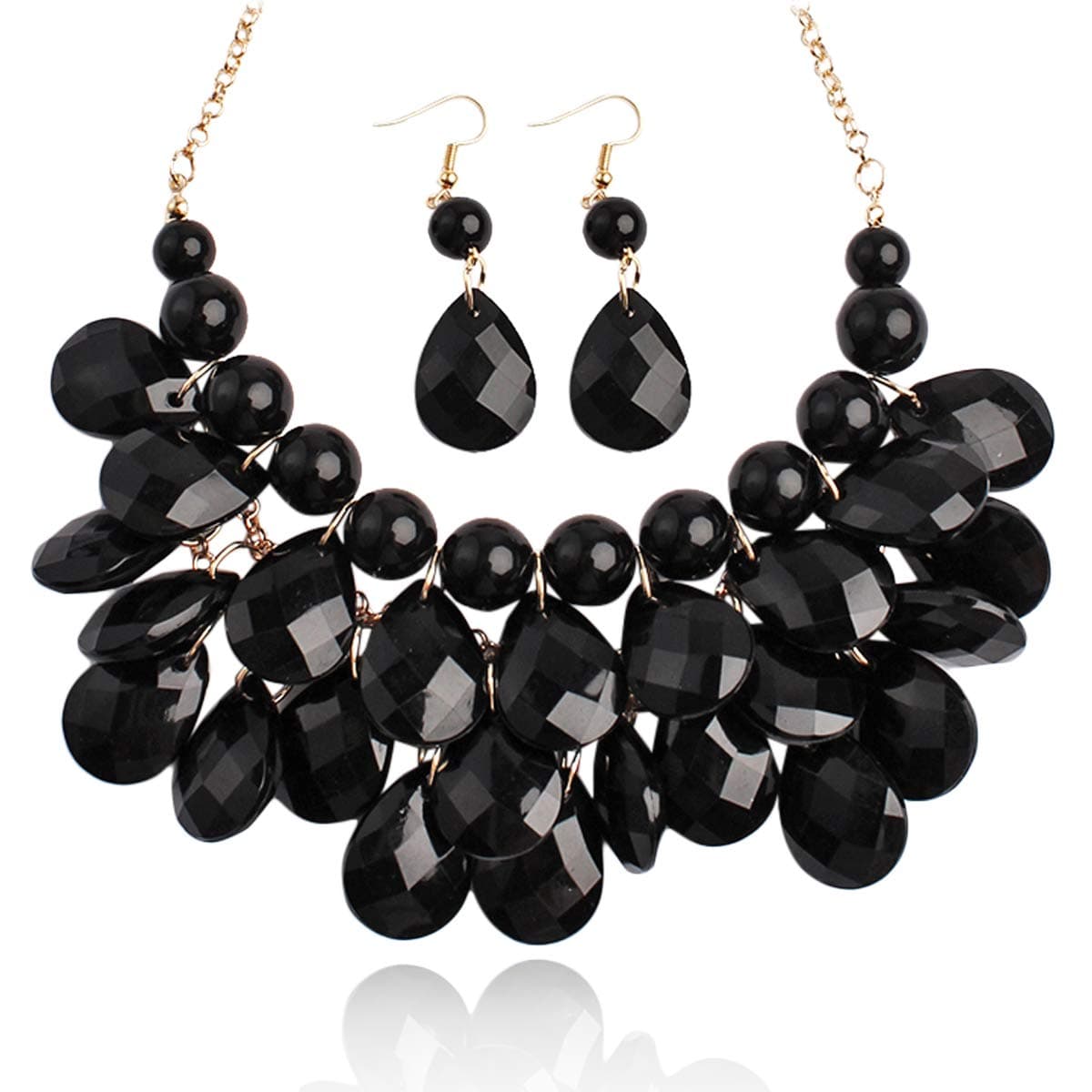 Chunky Acrylic Jewel Cluster Floating Bubble Statement Necklace - Teardrop Dangle Layered Bib Collar