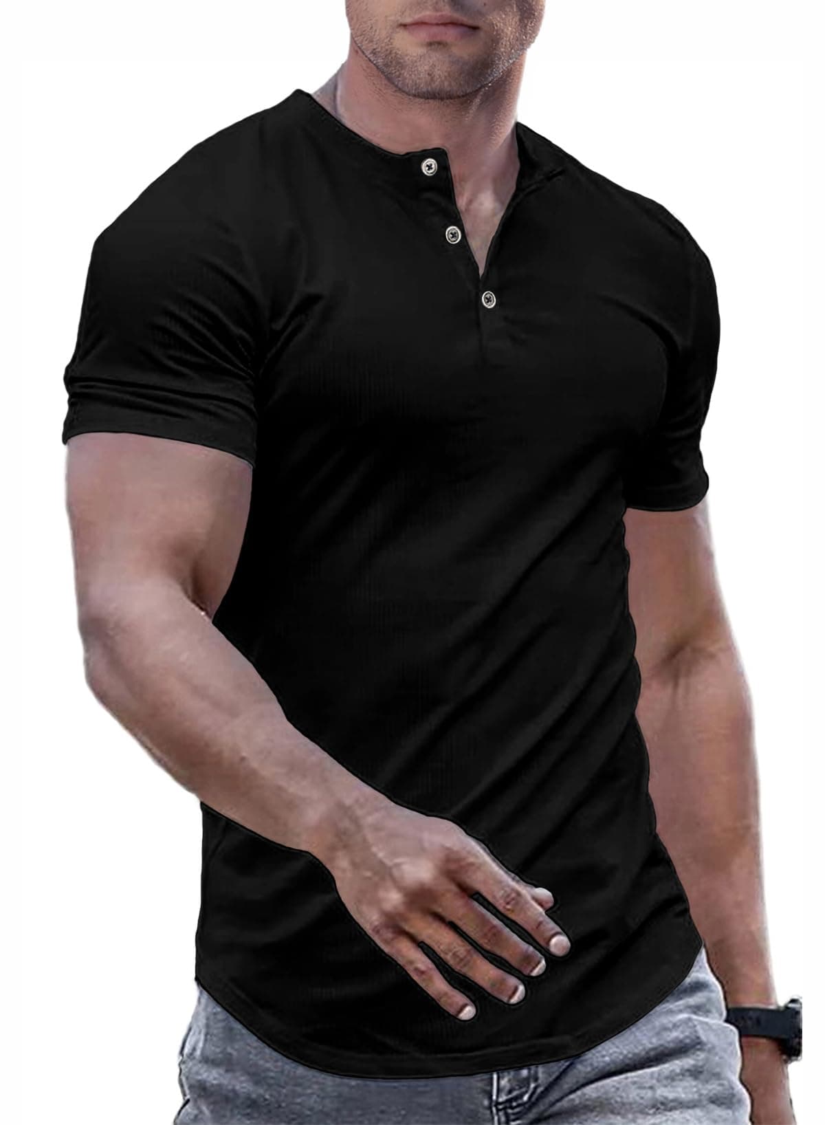 Men's Muscle Slim Henley Shirts Crewneck Longline T-Shirt Gym Workout Athletic Shirt Tees with Button