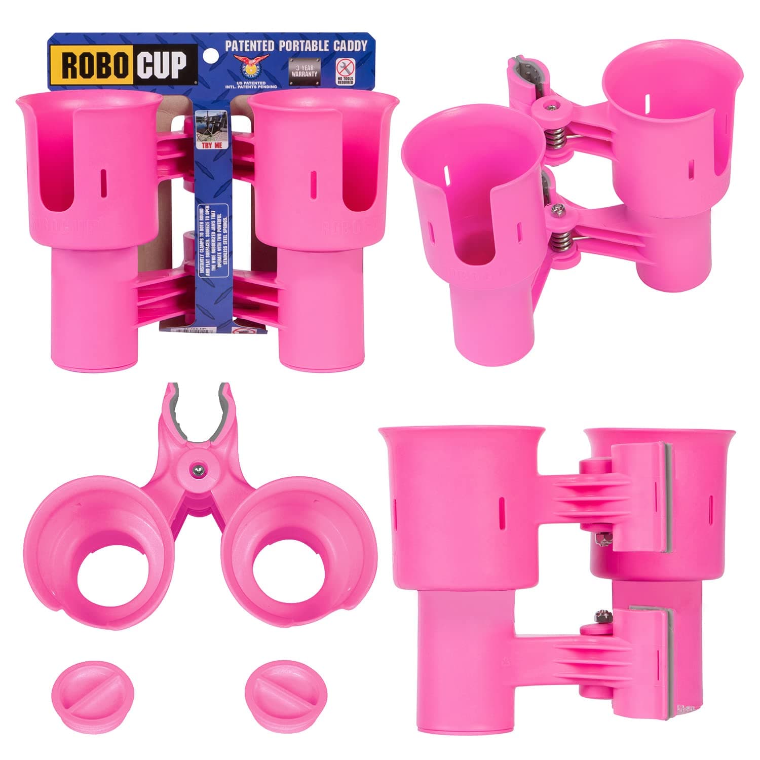 (Hot Pink EZ-Spring), Patented Boat Cup Holder, Clamp on Portable Storage Caddy Securely Holds 2 Drinks, Fishing Poles, Tools, Marine Gear | Perfect for Boating, Beach Umbrellas, Golf Carts