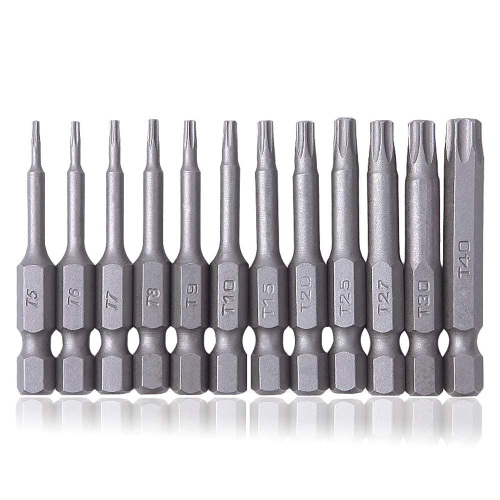 Saiper 12 Pieces 1/4 Inch Hex Shank Torx Security Head Screw Driver Bit Magnetic Tamper Proof Star S2 Steel Screwdriver Set Bits T5-T40, 50mm/2 Inch Long