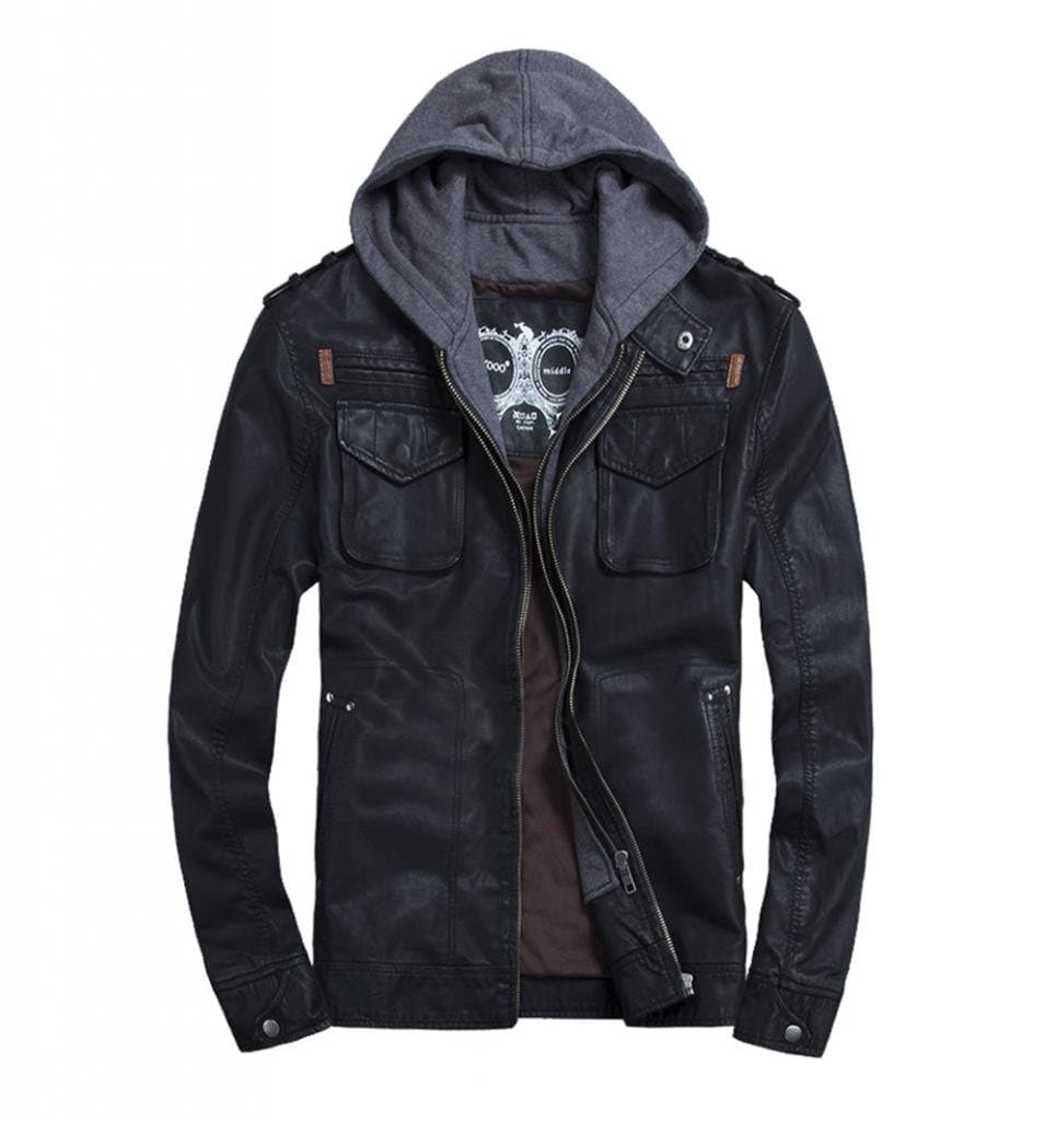 LXTH00o Men's Classic PU Zip Hooded Biker Rock Punk Jacket Coat Black XL