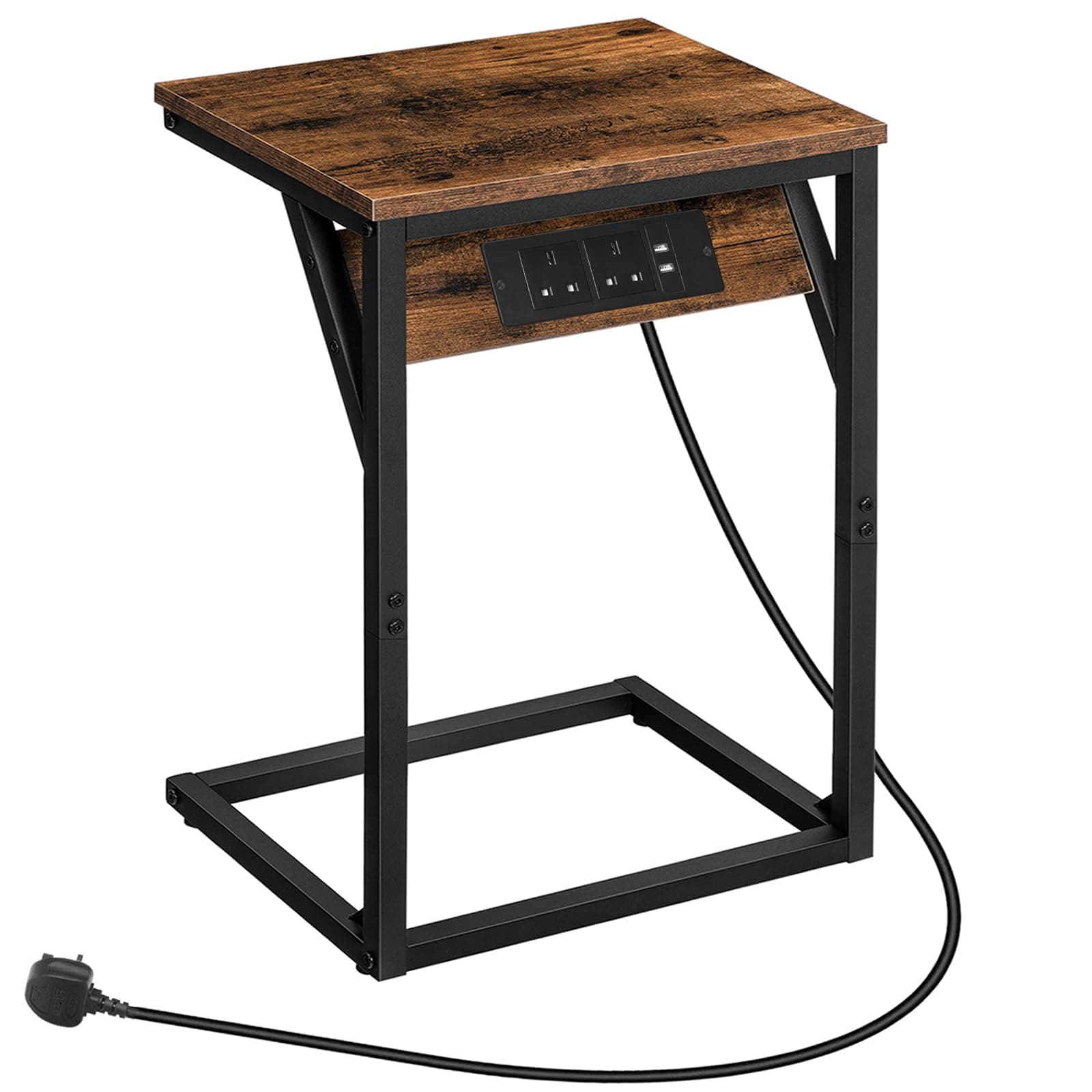 HOOBRO C Shaped Side Table, Bedside Table with Charging Station, Small Table Sofa Table with 2 Plug Sockets and 2 USB Ports, Sofa Side Table Laptop Table for Small Spaces, Rustic Brown EBF06KSF01