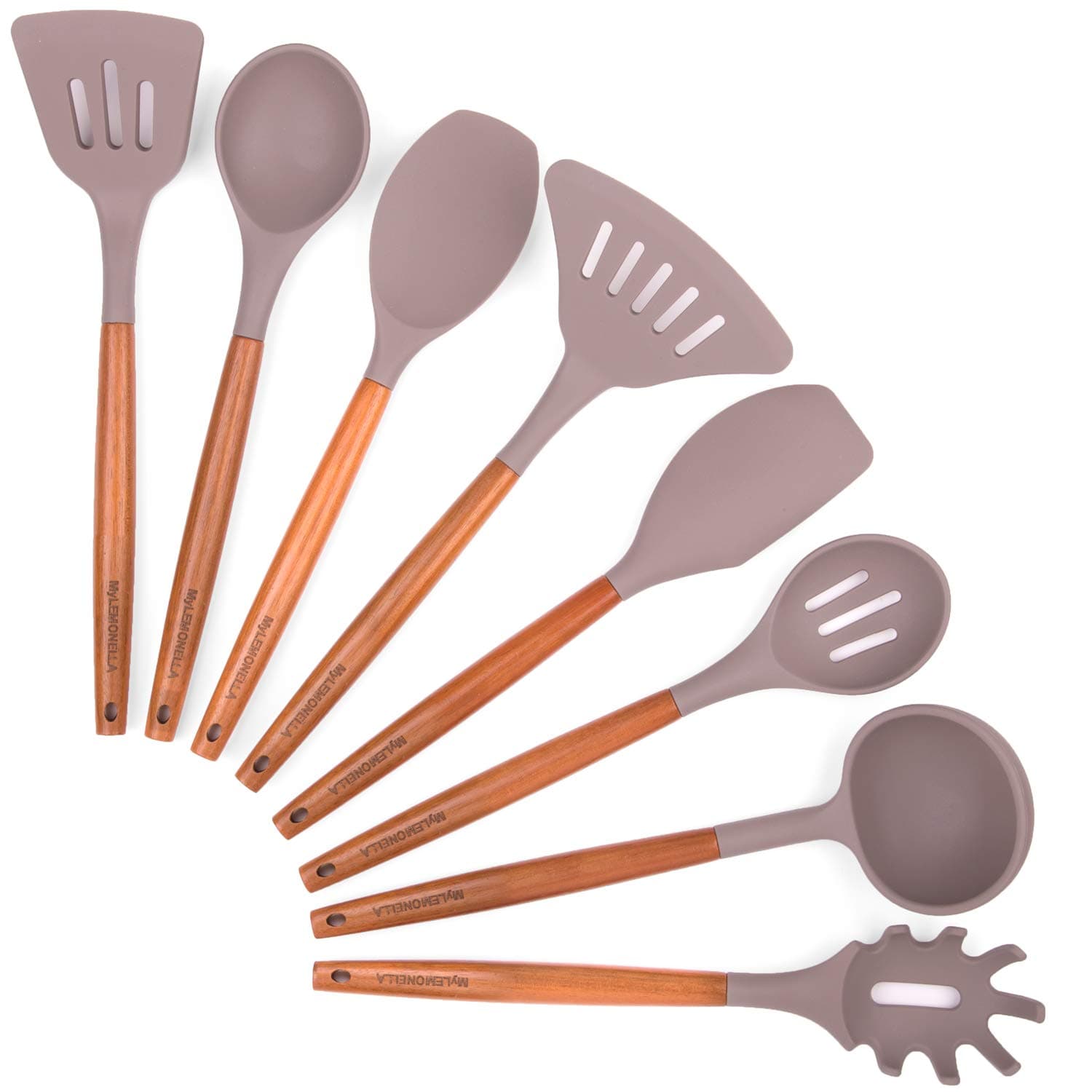 Silicone Kitchen Utensil Set with Wooden Handles, No-Fuss Cooking, Heat Resistant, Food Safe Quality Cooking Utensils, Durable Long Lasting, Attractive 8 PC Spoon, Server, Spatula Set