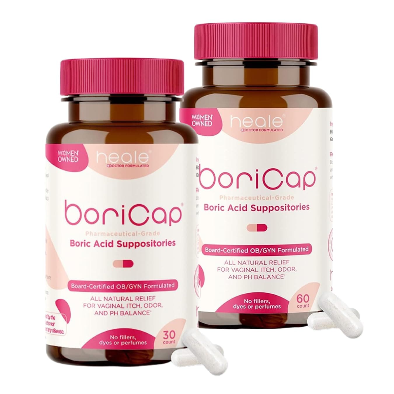 BoriCap - Boric Acid Suppositories for Women - 600 mg - Vaginal Health & Balance, Itch & Odor - Natural Relief - Feminine Care - Feminine Hygiene Products - Made in USA by Heale - 90 Capsules