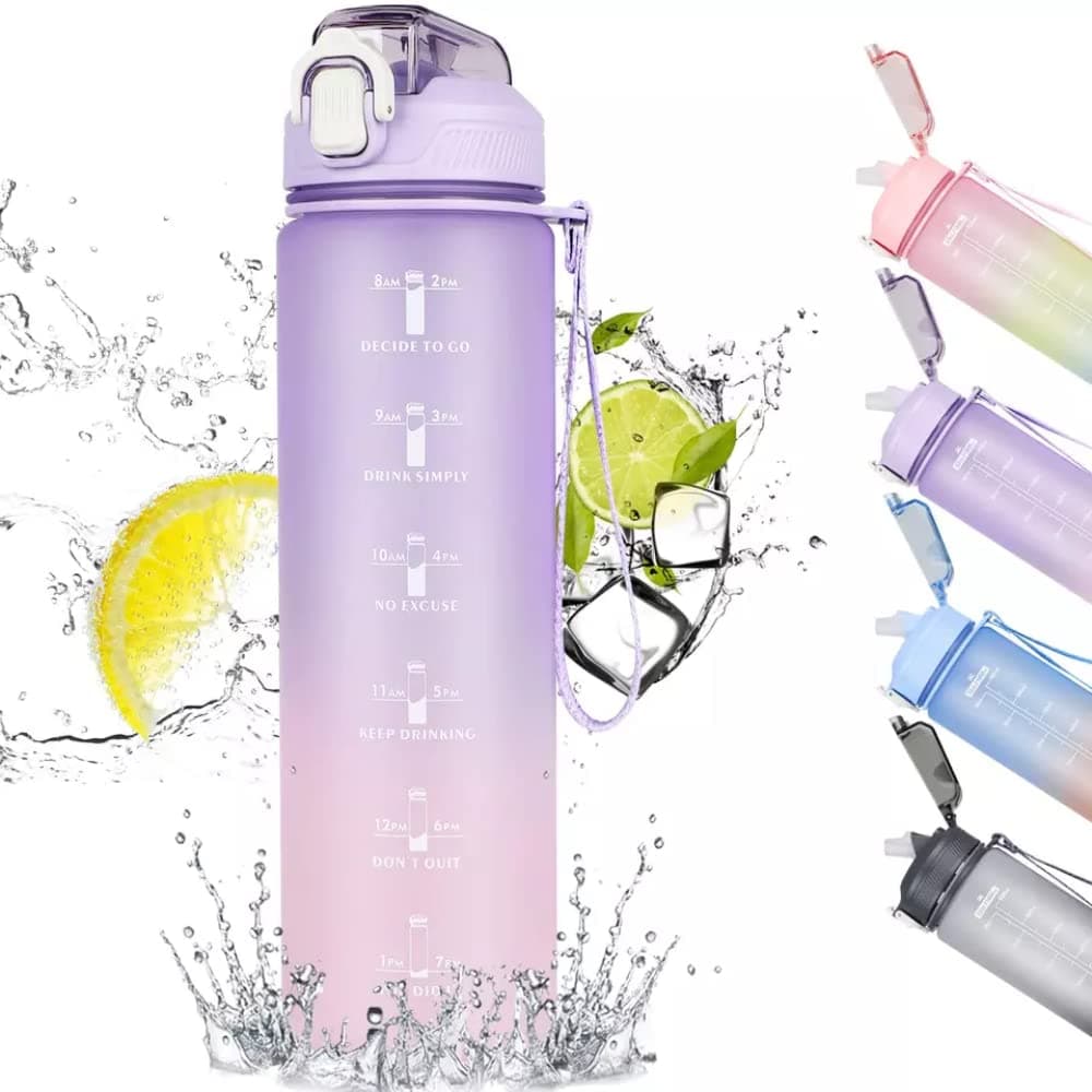 iLLYS Water Bottle 1L / 32oz with Motivational Time Marker Straw Strainer Sport Plastic Bottles for kids Fitness Gym Office Outdoor Sports and Exercise Leak Proof (Purple & Pink)