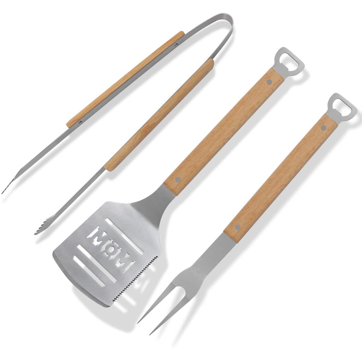 grilljoy 3pcs BBQ Grilling Tools Set- Heavy Duty Stainless Steel BBQ Grilling Accessories with Premium Oak Wooden Non- Slip Handle, Perfect Barbecue Grill Accessories Gifts for mom/Women