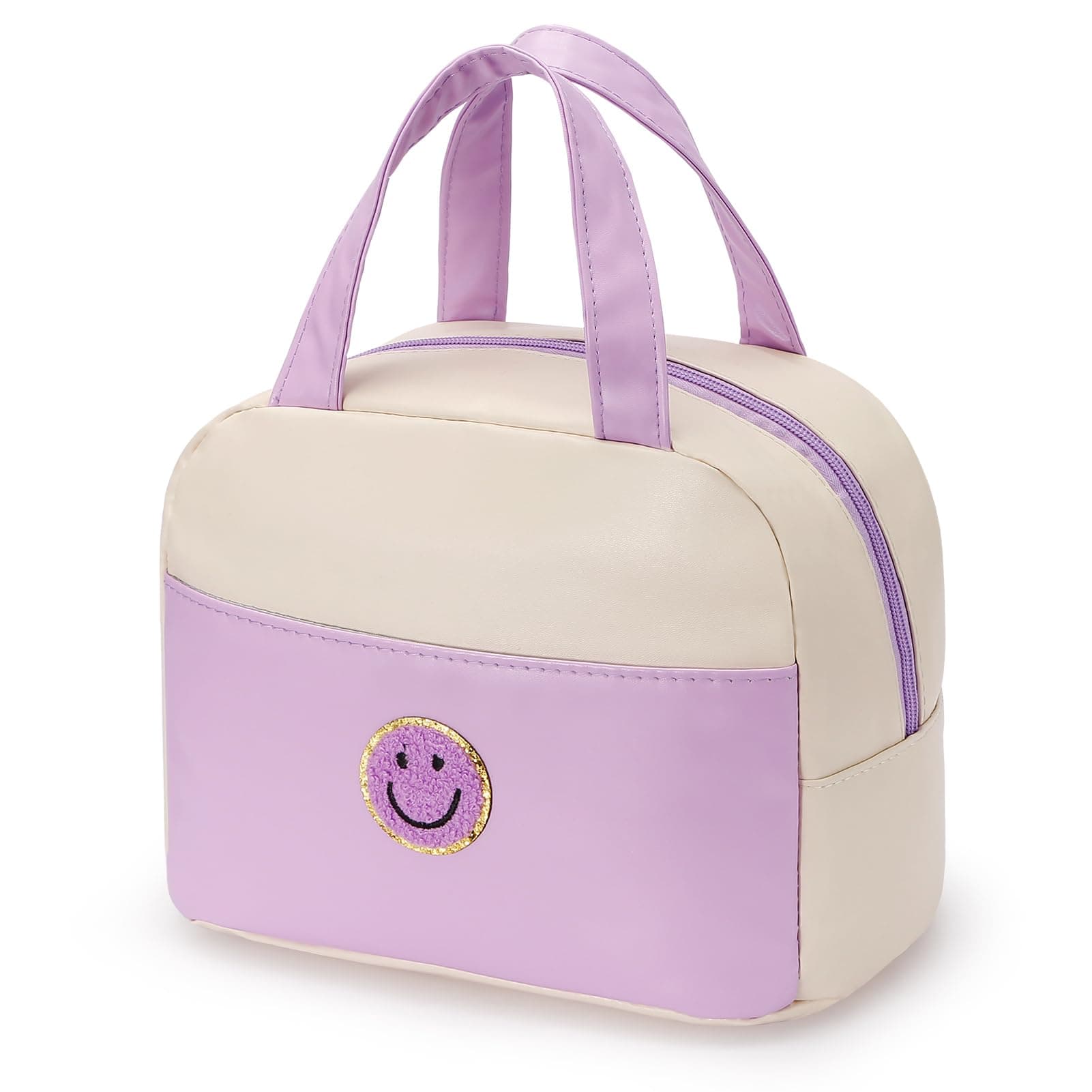 Lunch Bag Women Insulated Lunch Box Reusable Waterproof Lunch Tote Bag with Preppy Lunch Bag,Soft Leather Lunchbag for Travel Work Picnic (Purple&White)