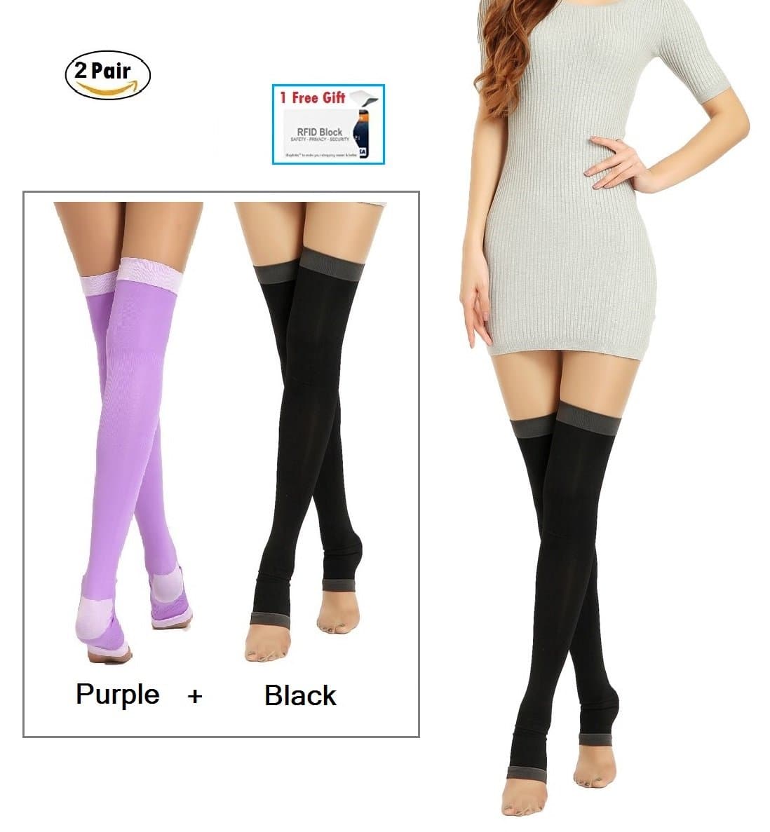 2Pair Yoga Sleep Therapeutic Thigh-high Compression Socks Toeless + Small gift ( Black + Purple S/M )