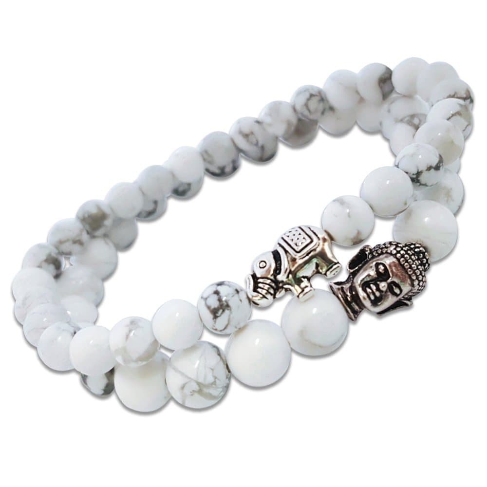 Young & Forever Valentine Gift Crystal White D'vine Howlite Stones Lucky Elephant Buddha Beads Bracelets for Women Pack of 2