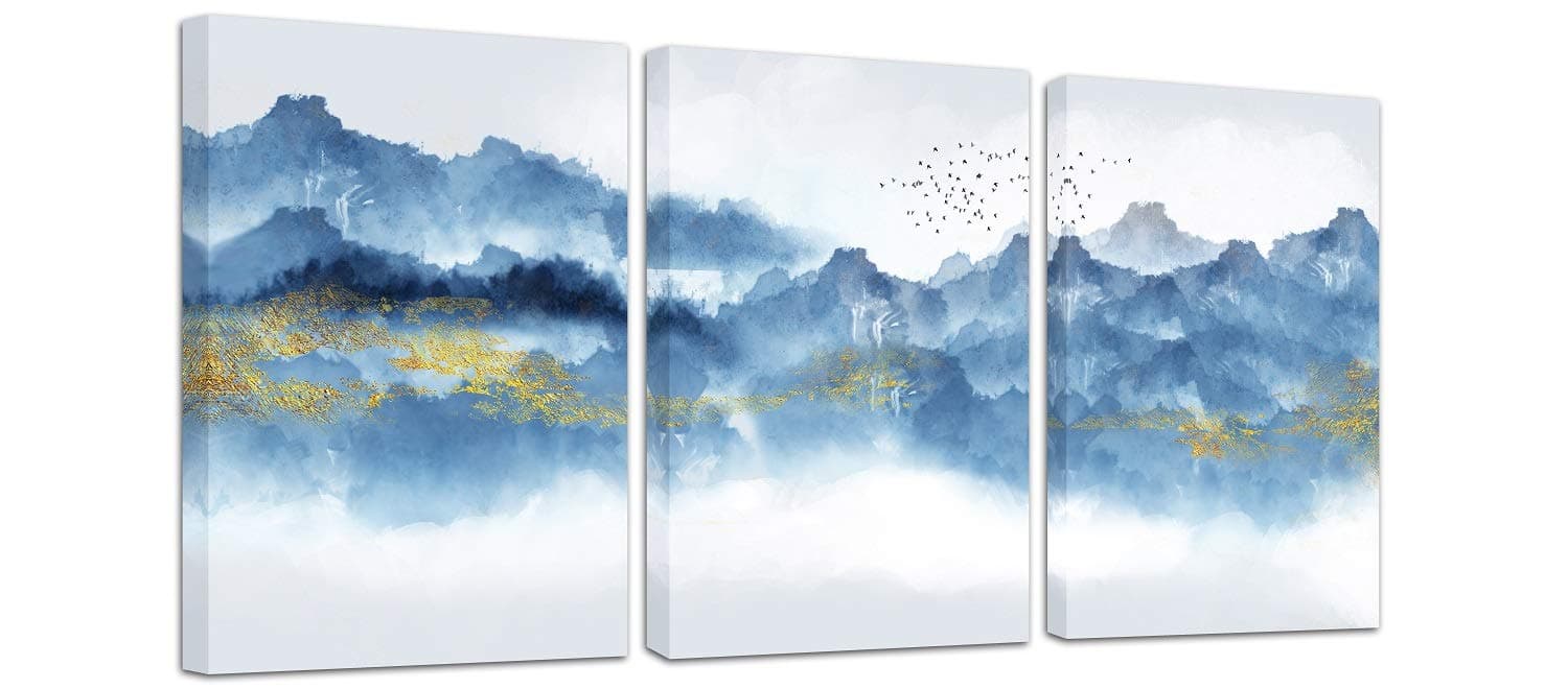 Navy Blue Abstract Mountains Canvas Wall Art for Living Room Modern Watercolor Print Poster Picture Artworks for Bedroom Bathroom Kitchen Wall Decor 3 Pieces Framed Ready to Hang 12x16 Inches