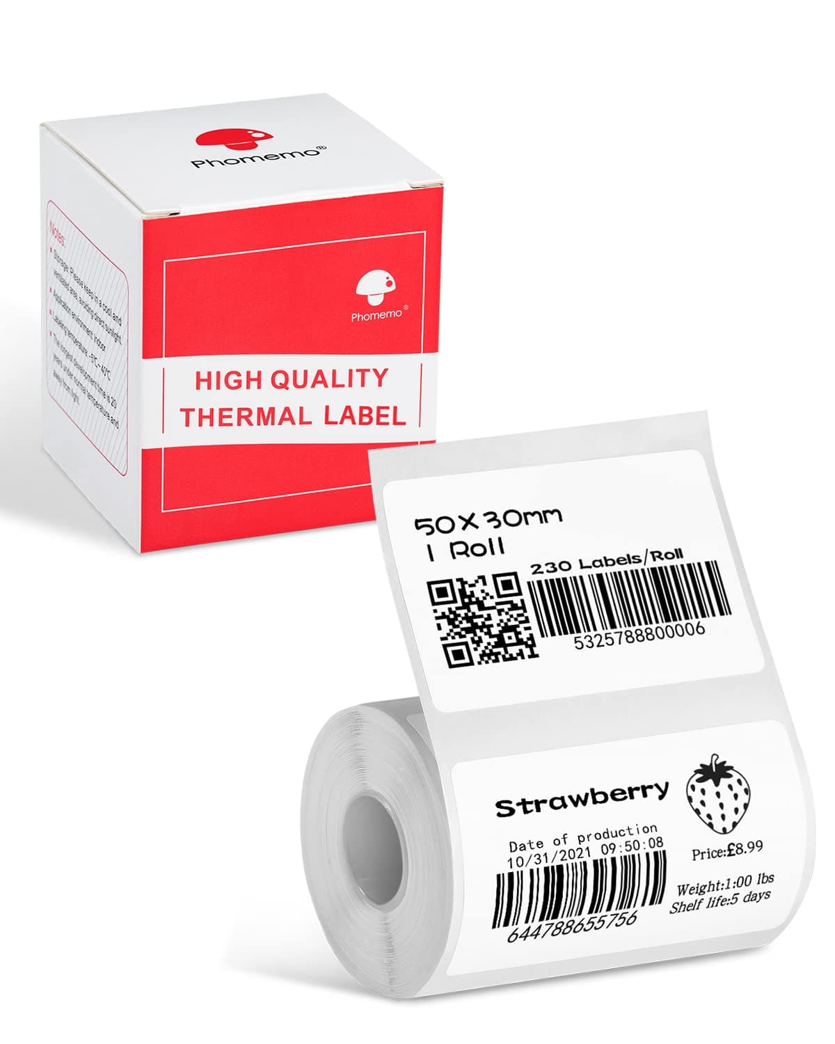 Phomemo Thermal Sticker Label Paper for M120/M110/M220/M221/M150 Label Maker Machine, Multi-Purpose Self-Adhesive Tag 1.96'' x 1.18"(50X 30mm), 230 Labels/Roll,Black on White