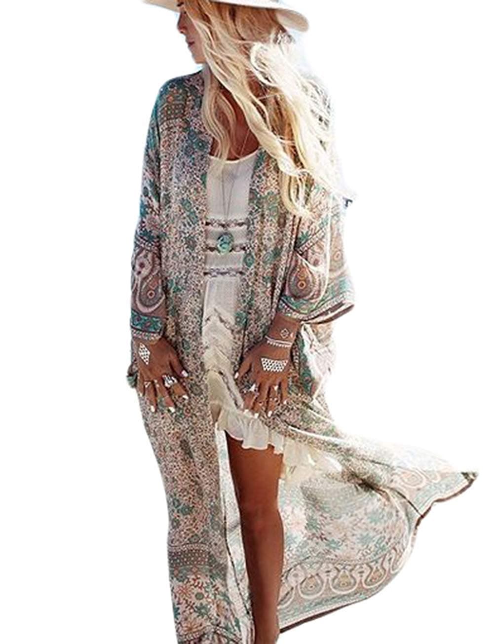 Womens Chiffon Beach Swimsuit Bikini Cover Up Summer Floral Long Kimono Cardigan Dress