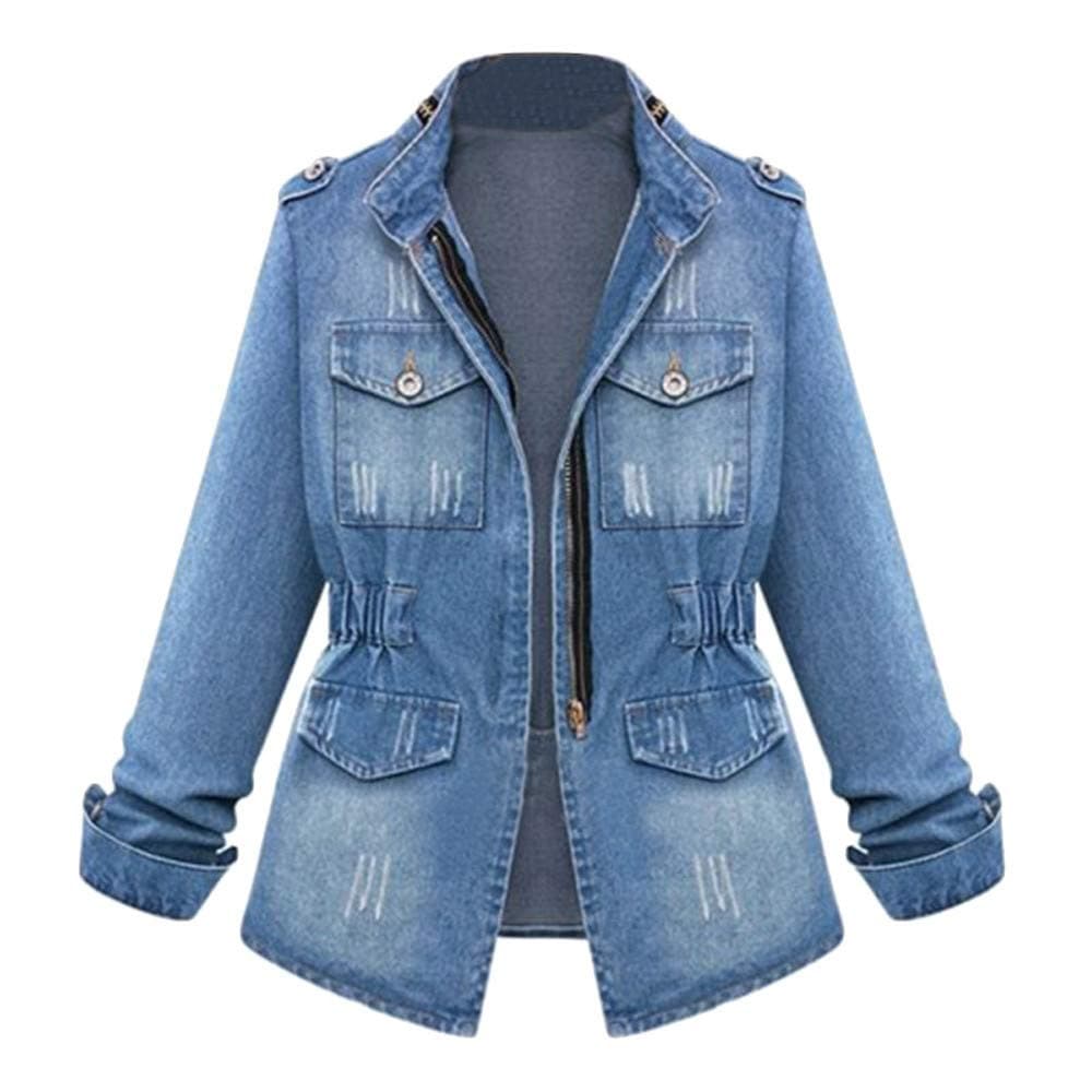 TIMEMEAN Women Plus Size Casual Ladies Denim Oversize Jeans Chain Jacket Pocket Coat