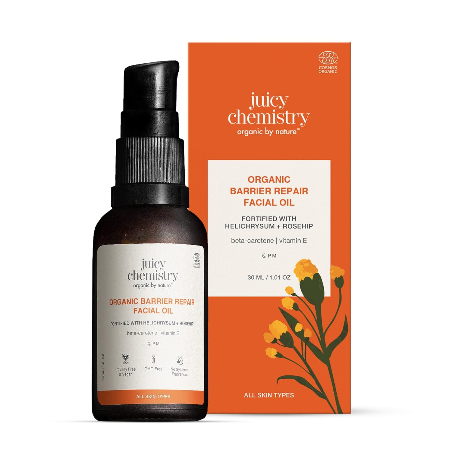 Juicy Chemistry Facial Oil 30ml - Helichrysum & Rosehip Blend, 100% Pure & Vegan, Natural Moisturizer for Pigmentation, Dull Skin, and Lymphatic Drainage, Pre-Makeup Oil, Gua Sha Face Massage Oil
