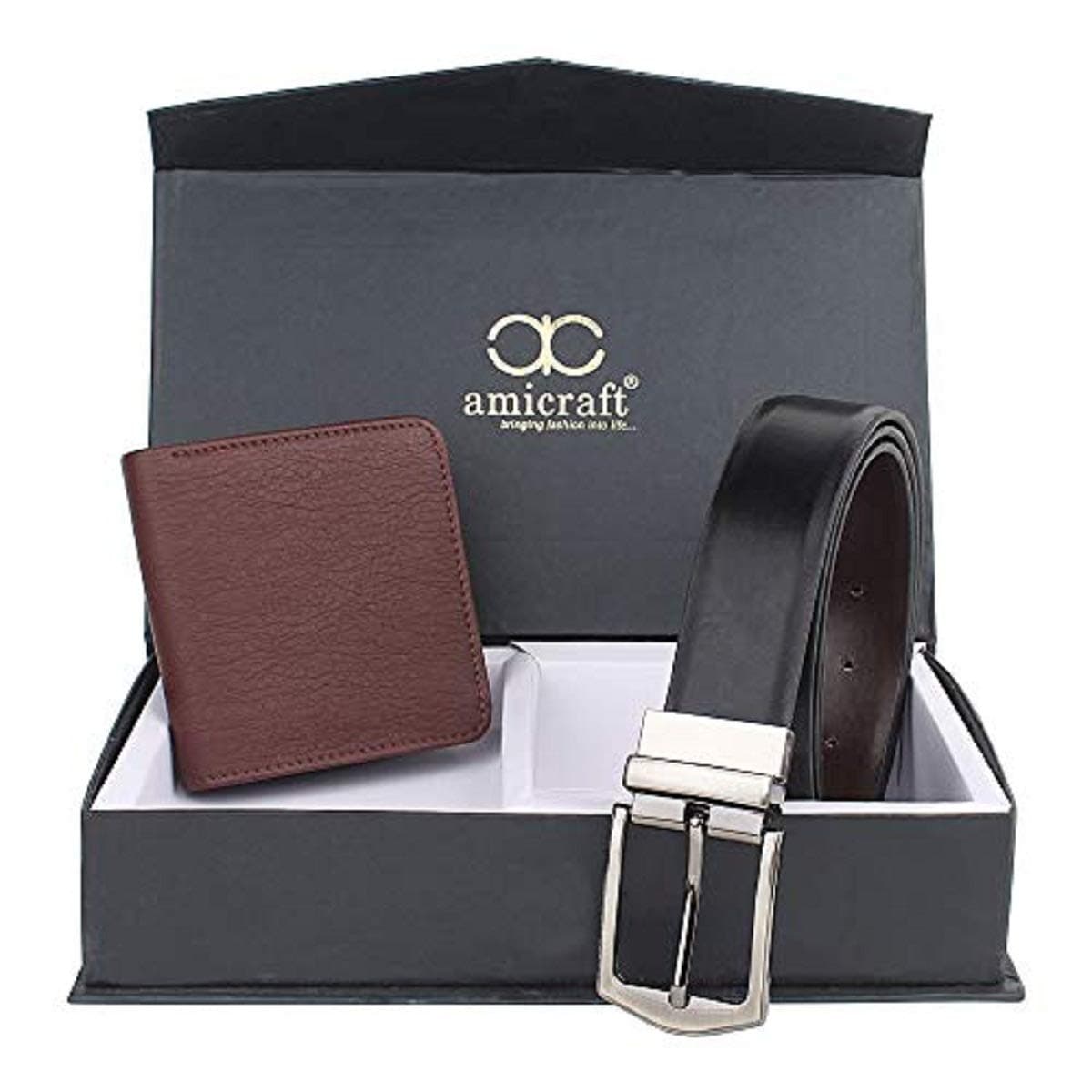 AmicraftMen's Gift Set Pack of Wallet & Belt Gift set (Size 28-44 Cut to fit men's Belt)