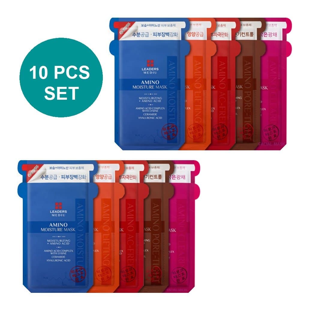 Leaders Amino Korean Face Mask: Beauty Face Masks w/ 2 Sheet Masks Each of Pore Tightening, Acne Control, Lifting, Skin Clearing, and Moisture (Best Anti Aging Face Masks in FACIAL-MASK Packaging)