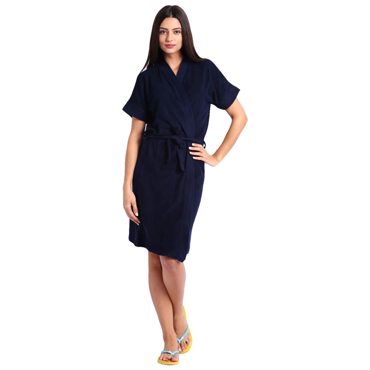 Superior Premium Micro Terry Half Sleeve Free Size Unisex Adult Bathrobe with Front Pocket - Navy blue