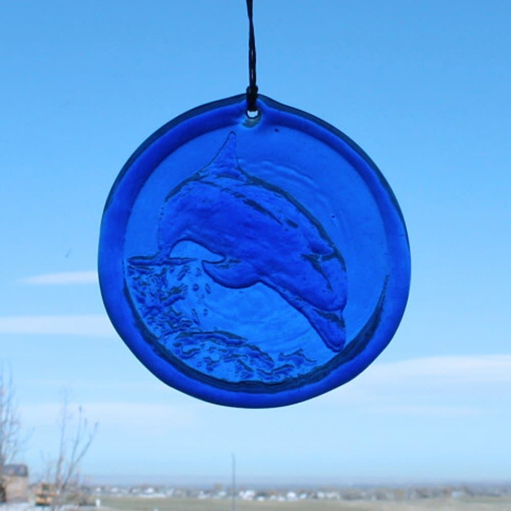 Window Suncatcher Dolphin in Blue Hanging Glass Suncatcher - 4.25" in Dia. Made From Recycled Glass