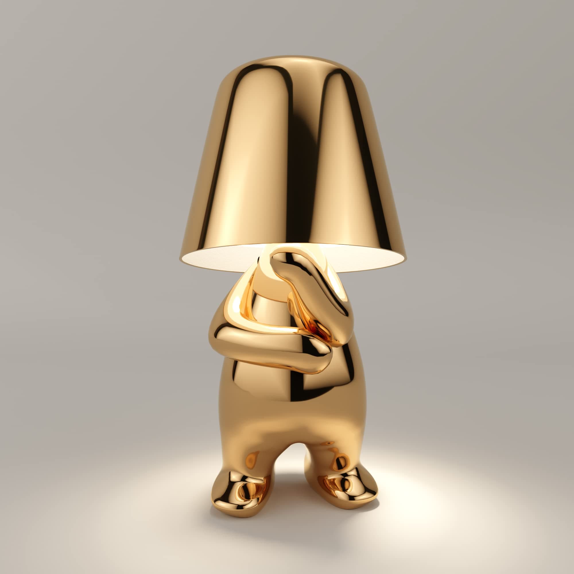 LUSHUE Thinker Lamp Gold - Unique Character Lamp for Living Room, Bedroom, Office - Cordless Dimmable Indoor Lighting with USB Charging - Home Decor (Mr Why)
