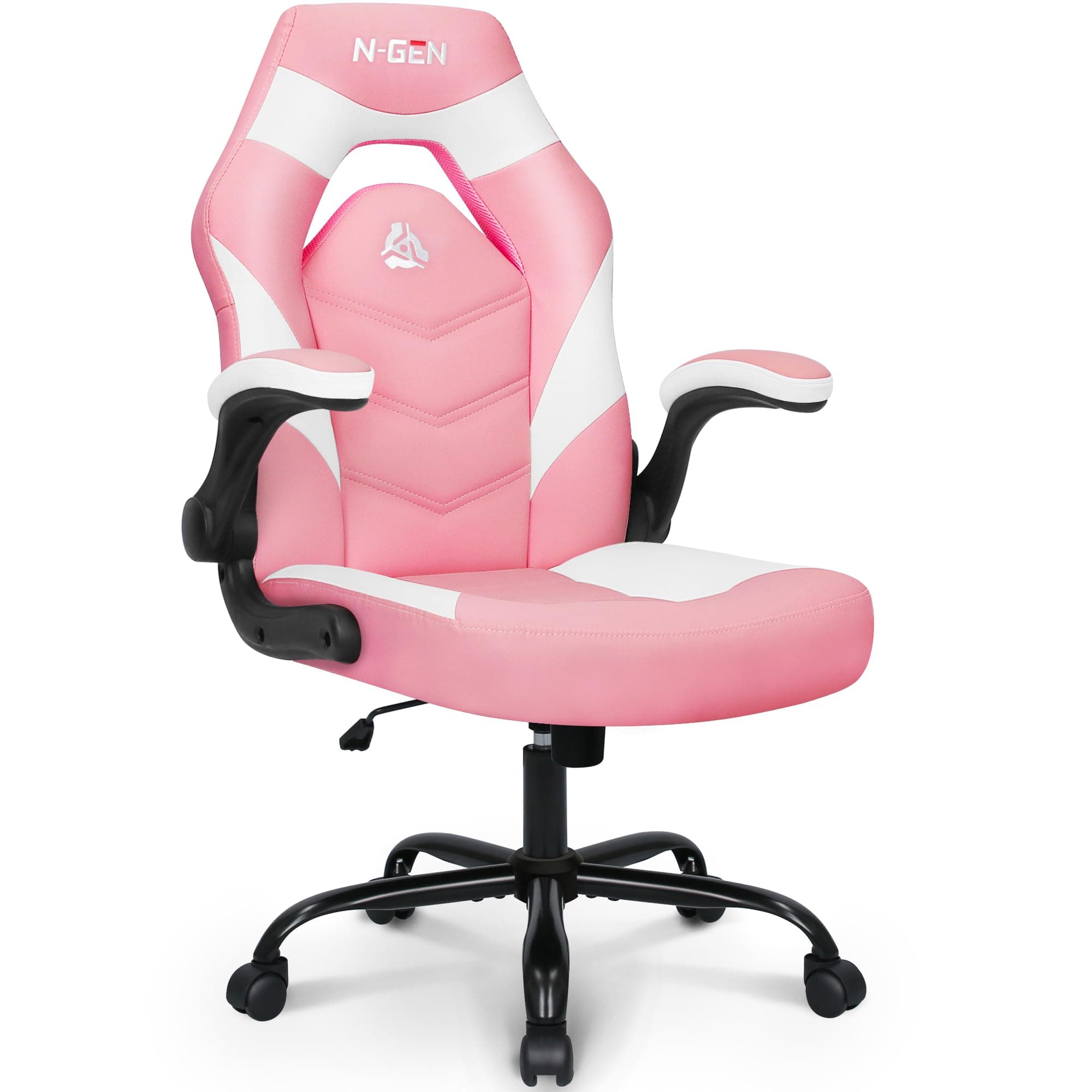 N-GEN Video Gaming Chair Ergonomic Computer Desk Office Chair with Lumbar Support Adjustable Height Swivel Wheels Flip-Up Arms PU Leather Home and Office (Pink)