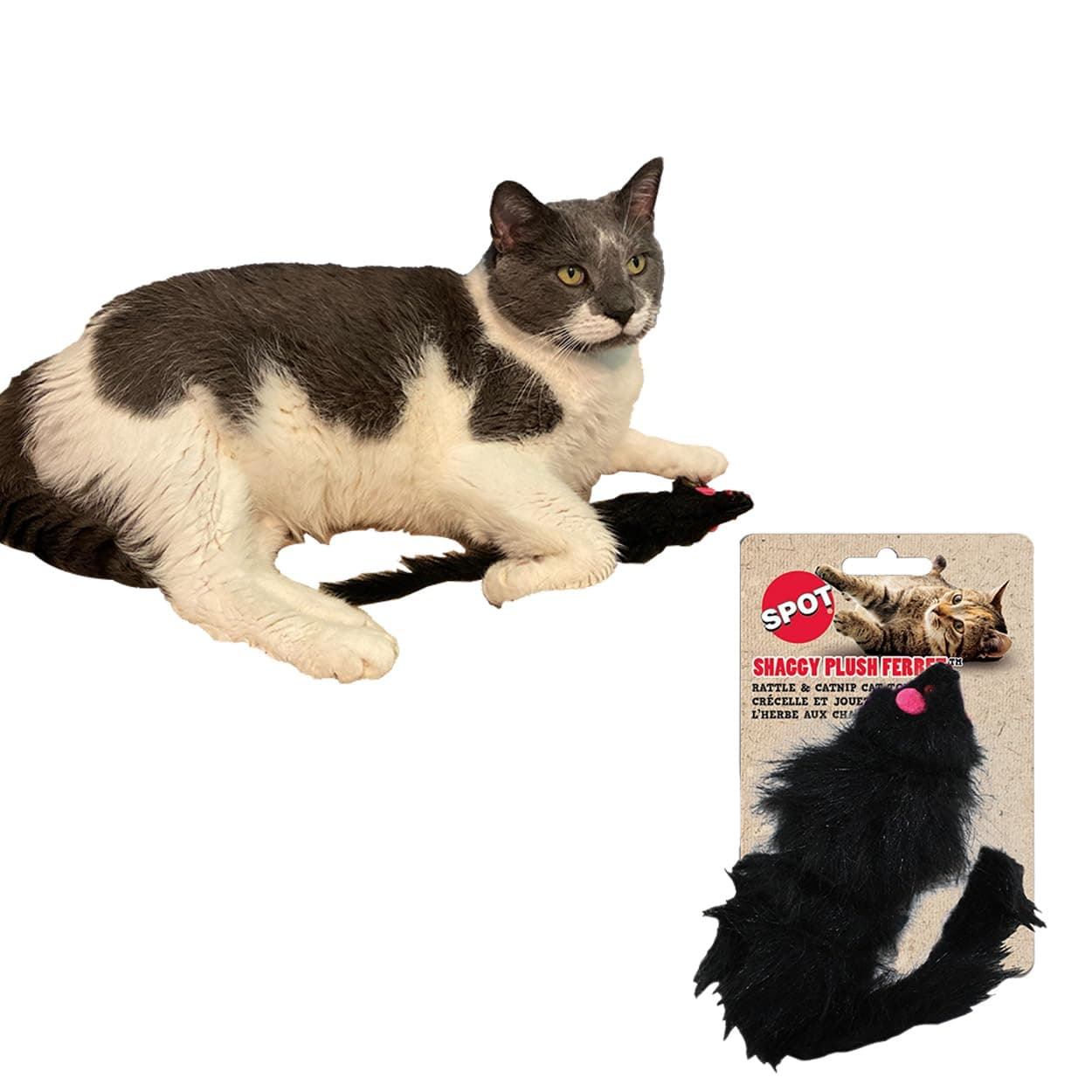 SPOT Shaggy Plush Ferret - Interactive Rattle and Catnip Fuzzy Toy for Indoor Cats and Kittens, Large Size Perfect for Pouncing, Chasing, Hunting, 11 Inches