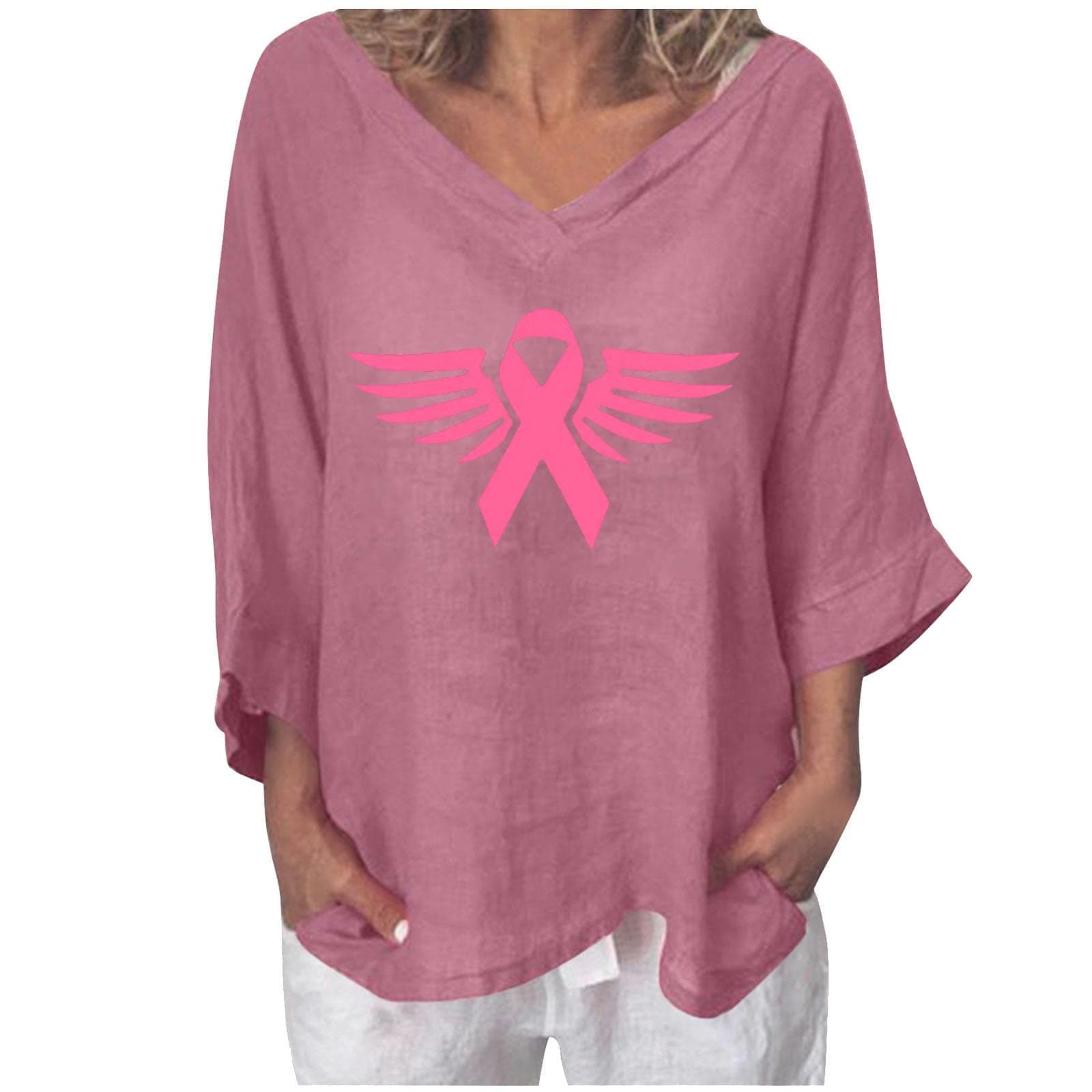 Womens V Neck Linen Tshirts Brunch Tee Tops for Women 3/4 Bell Sleeve Breast Cancer Fall Summer Tee Shirt 2023 NN