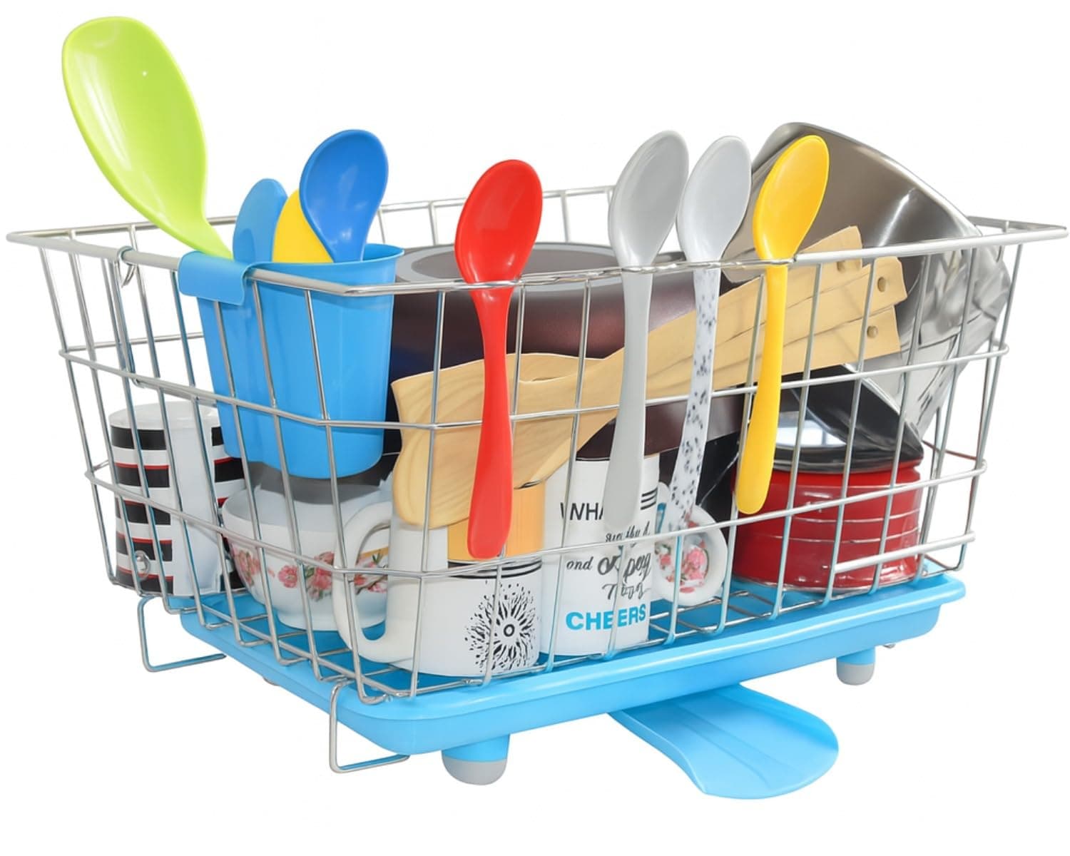 BURAQ Stainless Steel Dish Drainer Rack with Auto Water Drain Tray|Heavy-Duty Utensils Basket for After-Wash Drying|Kitchen Dish Rack with Spoon Holder&Tray|Bartan Stand Organizer,52 x 42 x 25 Cm