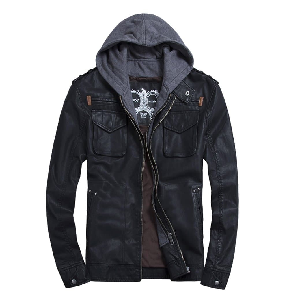 TH000 Mens Classic Zip PU Leather Hooded Biker Rock Punk Jackets Black M