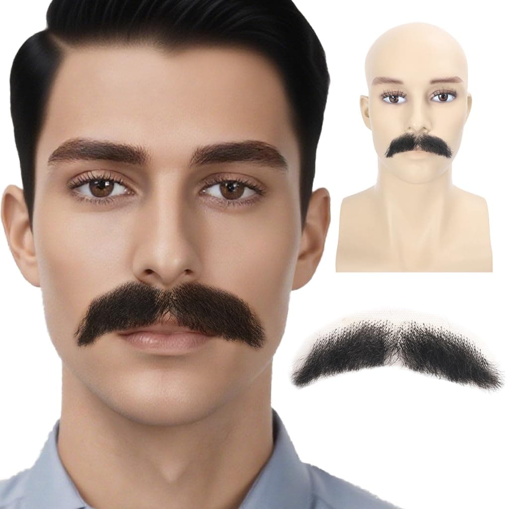 Fake Beard Synthetic Fiber Hair Lace Hands Tied Realistic Mustache for Adult Costume Theatrical Grade 1 Piece False Beards (Black)