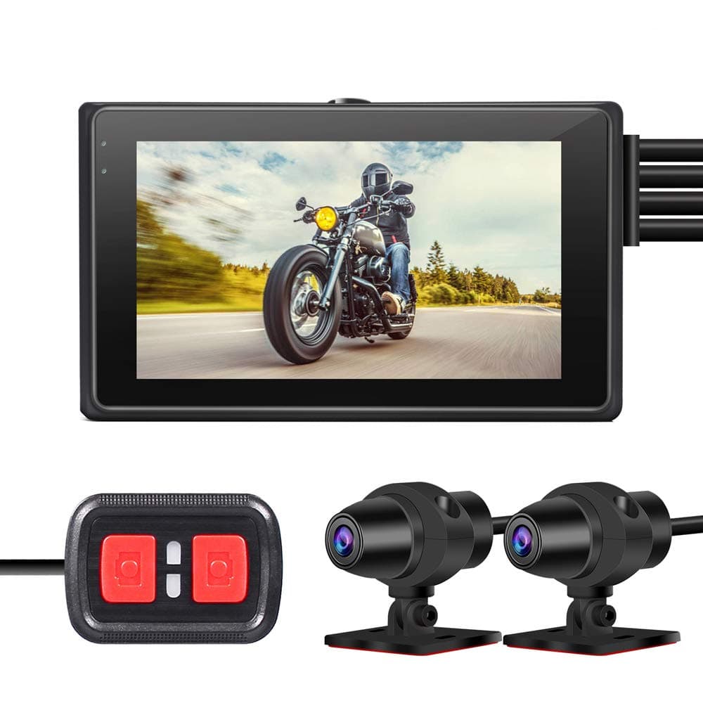 VSYSTO Motorcycle Camera Motorcycle Dash Cam 1080P Dual Lens Motorcycle Front and Rear Camera DVR Sports Action Camera 3'' LCD Screen 150° Wide Angle WiFi Night Vision