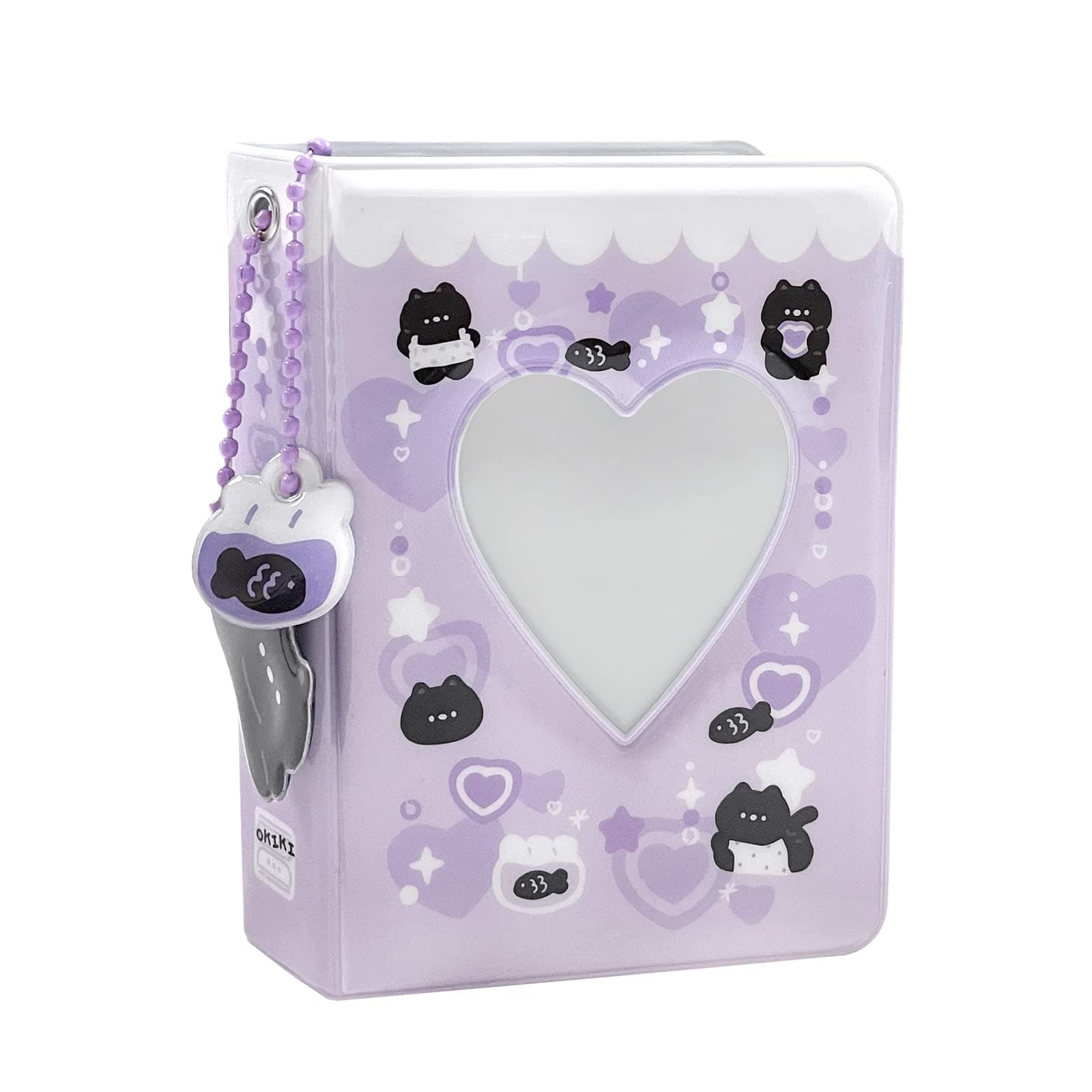 3 Inch Mini Photo Album, Heart Hollow Card Binder Photo Card Holder with Pendant 40 Pockets (purple black cat)