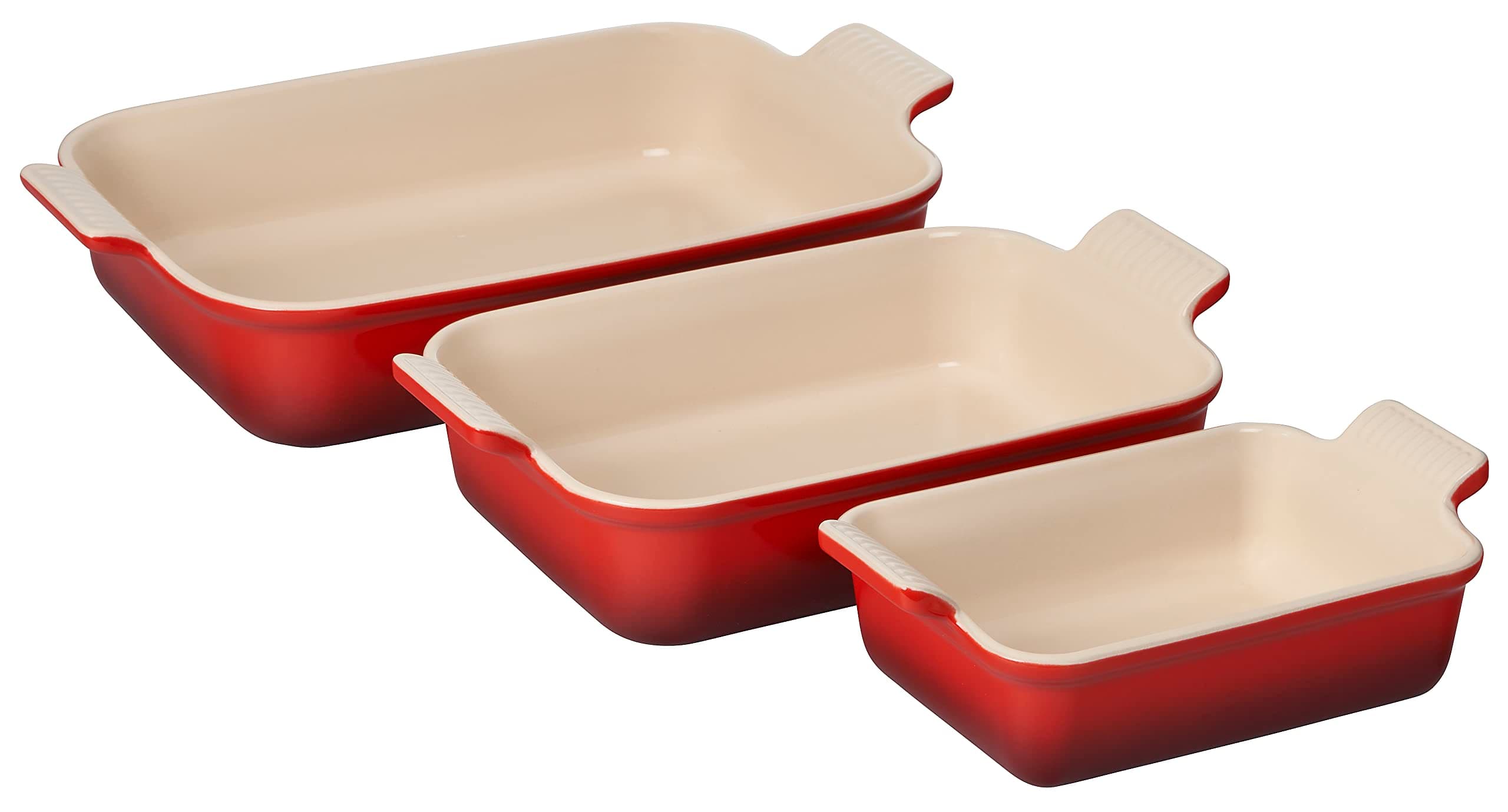 Le Creuset Stoneware Heritage 3-Piece Rectangular Bakeware Set – 0.72L, 1.4L & 3.2L – Cerise – Oven, Microwave, Freezer & Dishwasher Safe