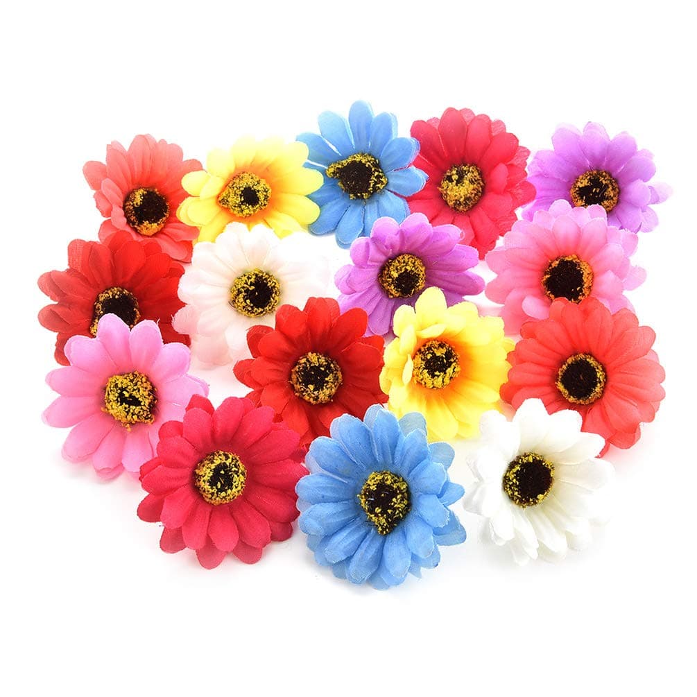 Fake flower heads in bulk wholesale for Crafts Silk Sunflower Daisy Roses Handmake Artificial Flower Heads Home Wedding Decoration DIY Wreath Decor Gift Box Scrapbooking 50pcs 5cm (Colorful)