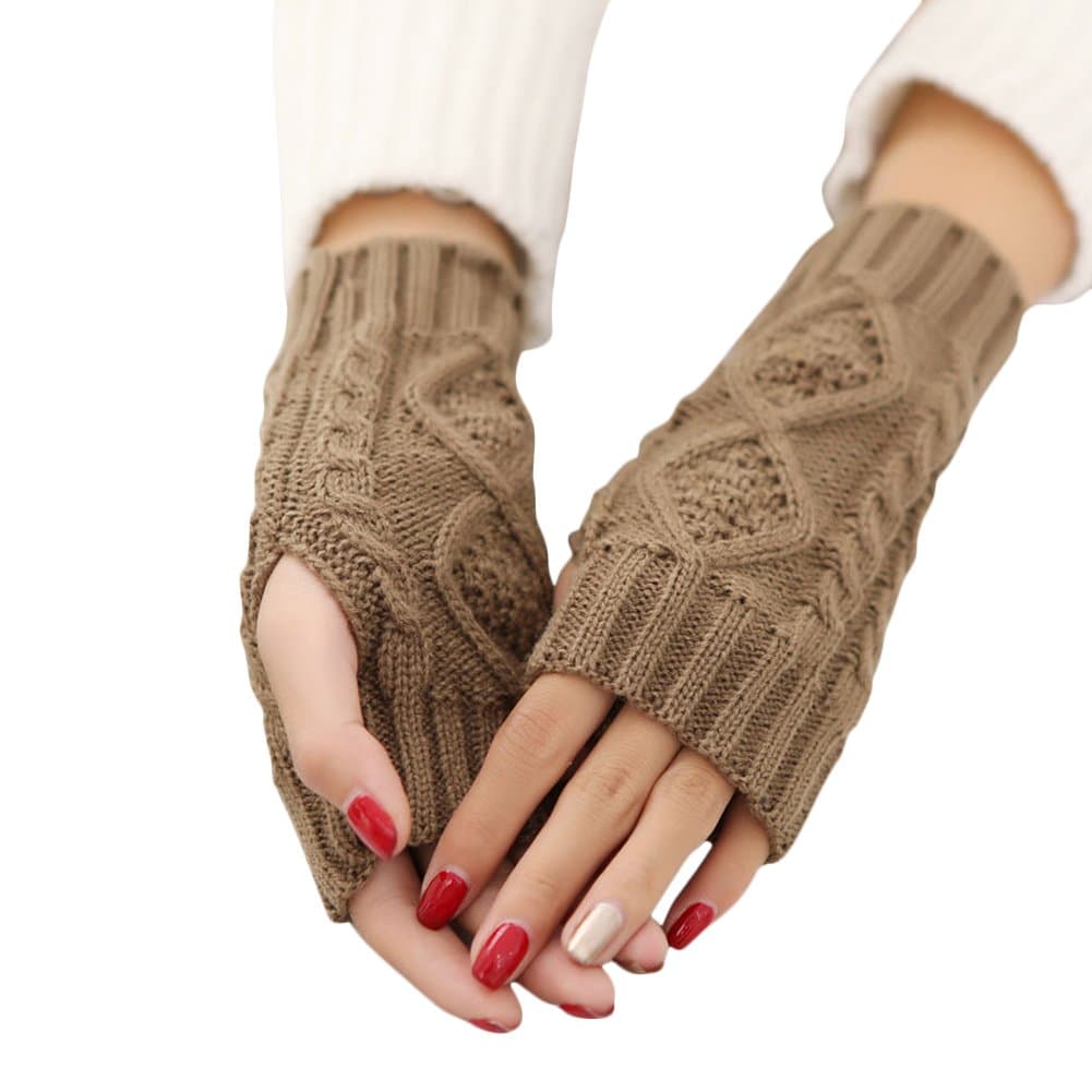 Women's Crochet Fingerless Gloves Hand Knit Fleece Winter Arm Warmers (Khaki)