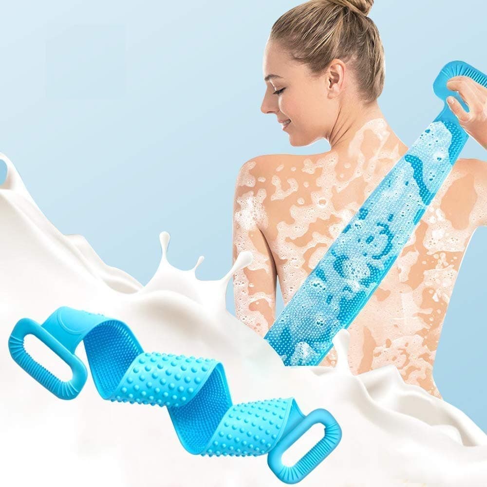 THEORIE Silicon Bath Brush, Silicone Body Back Scrubber, Double Sided Bathing Brush Belt, Bath Loofah, Exfoliating Belt For Shower, Dead Skin Removal Bath Belt, For Skin Deep Cleaning Massage, Back Scrubber, Back Washer for Shower, Body Brush Belt, Handle Body Washer, Scrubbing Belt, Silicon Loofah Belt With Handle For Men & Women( Color May Very )