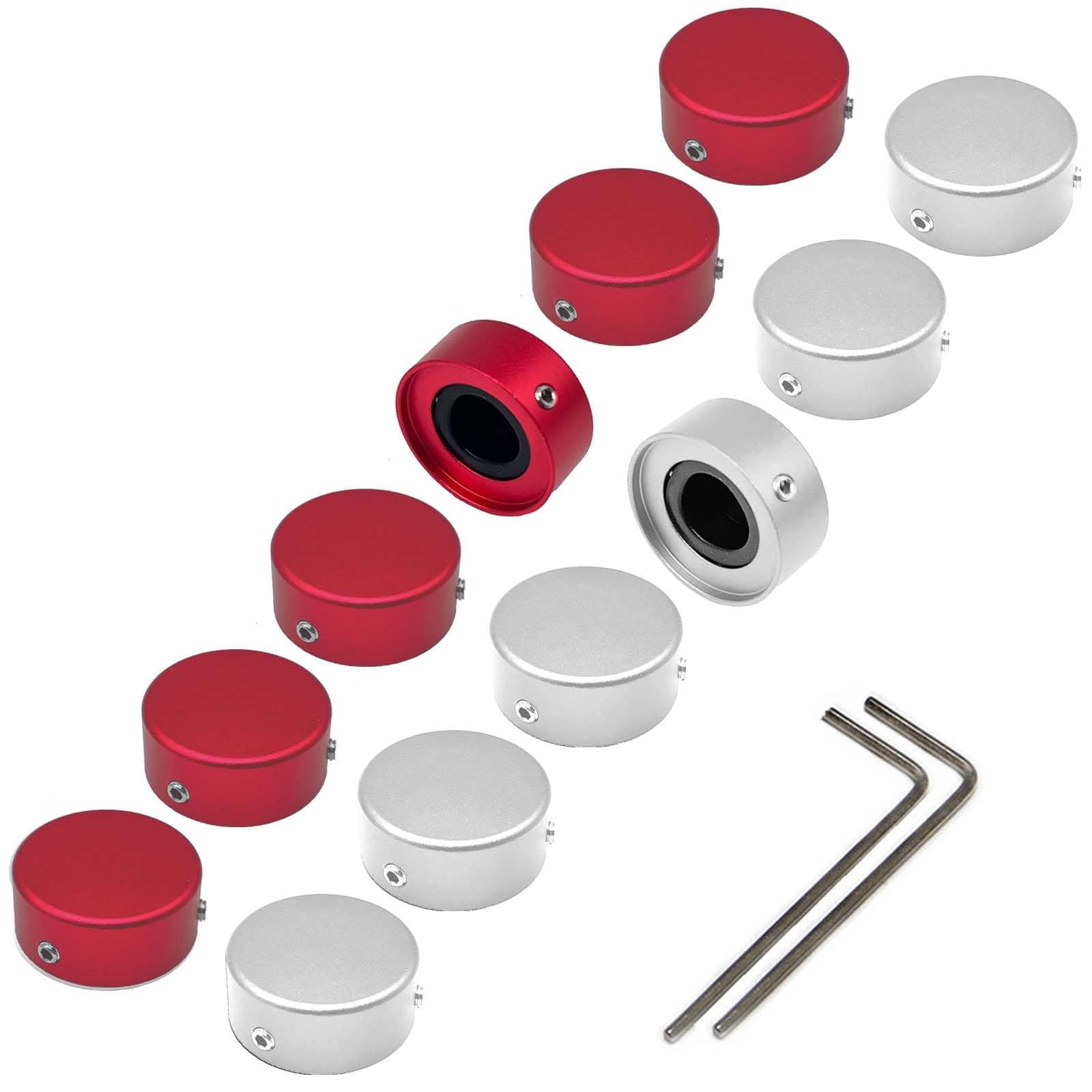 Footswitch Topper Guitar Pedal Button Caps with 3 Set Screws and Protective Fitting Increasing Accuracy,Comfort for Common Switches diameter of 3/8"| SOLUTEK BUTTONS V1 12Pcs Red Silver
