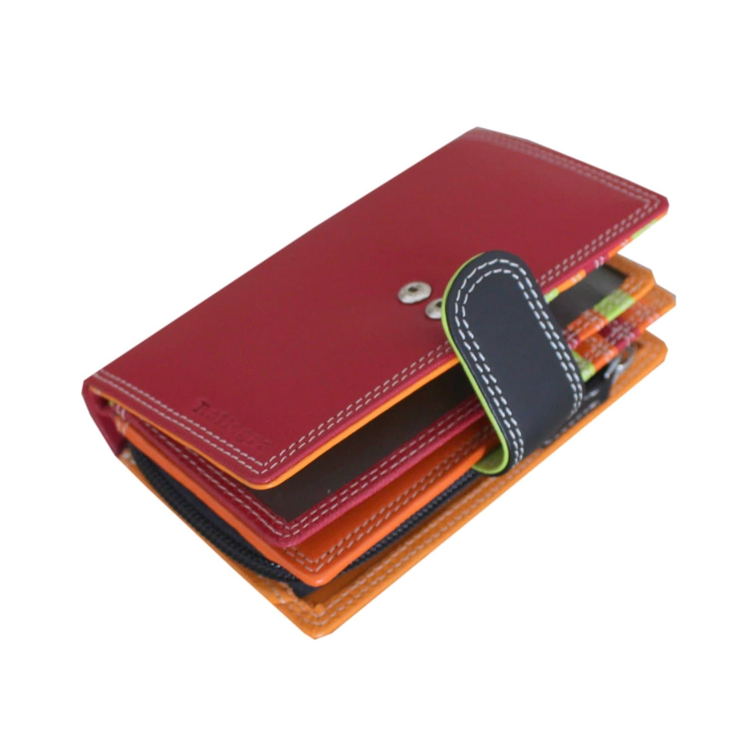Ladies Red Leather Purse, RFID Blocking, Holds 13 Cards, 3 Storage Pockets, Zip Coin Pocket, Multicoloured Interior